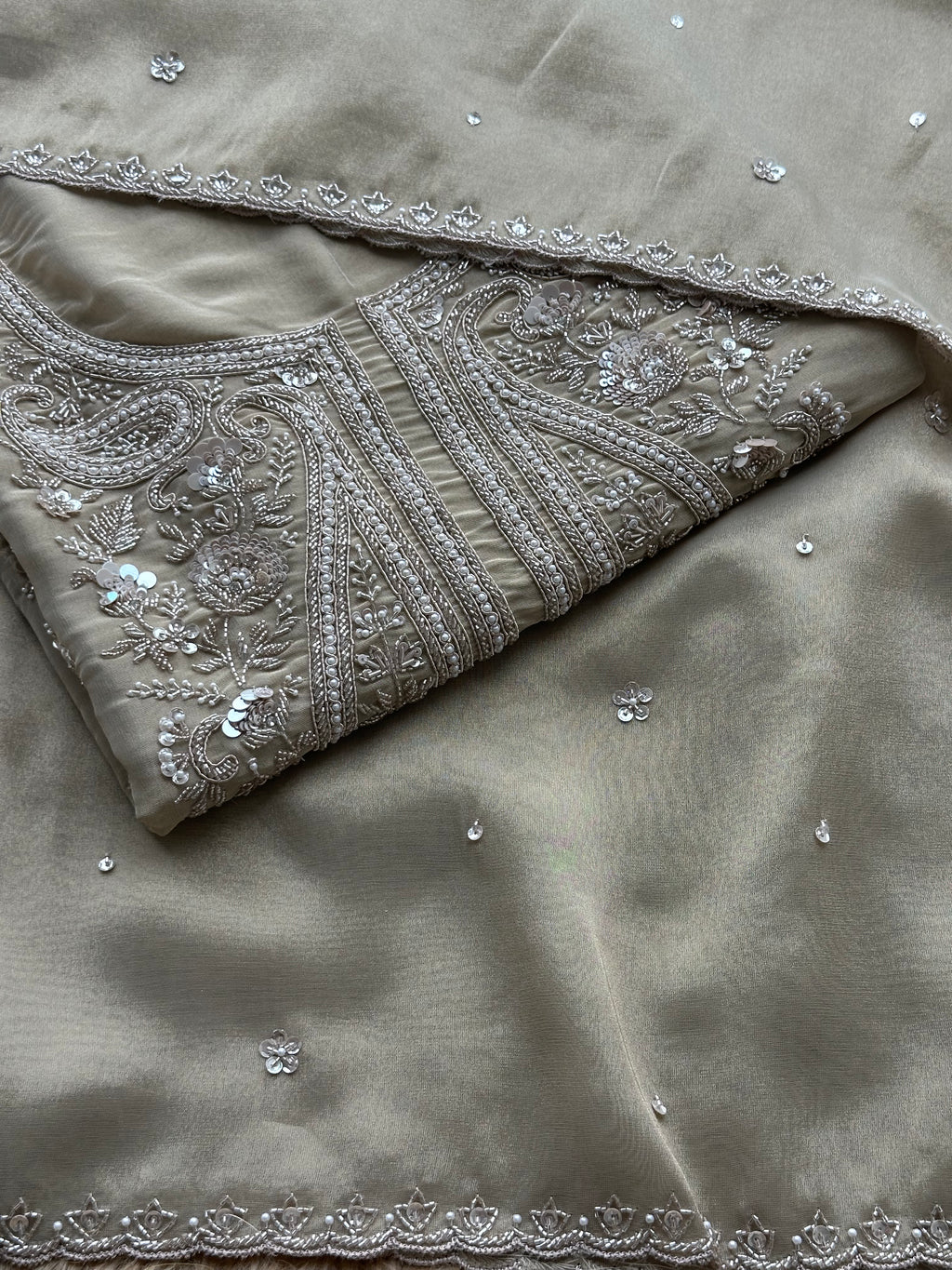 Soft Beige Designer Suit with Elegant Threadwork & Embellished Neckline