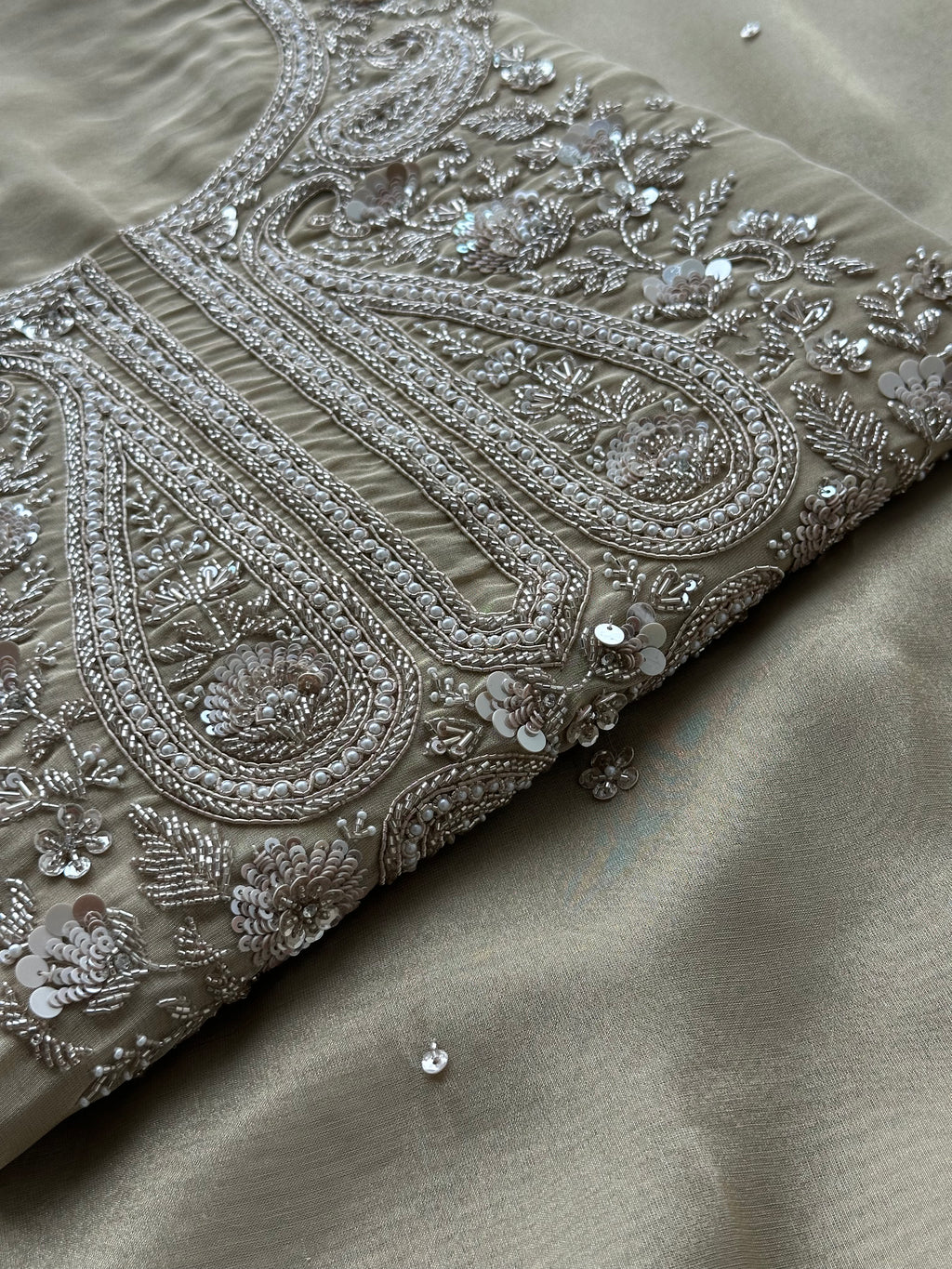 Soft Beige Designer Suit with Elegant Threadwork & Embellished Neckline