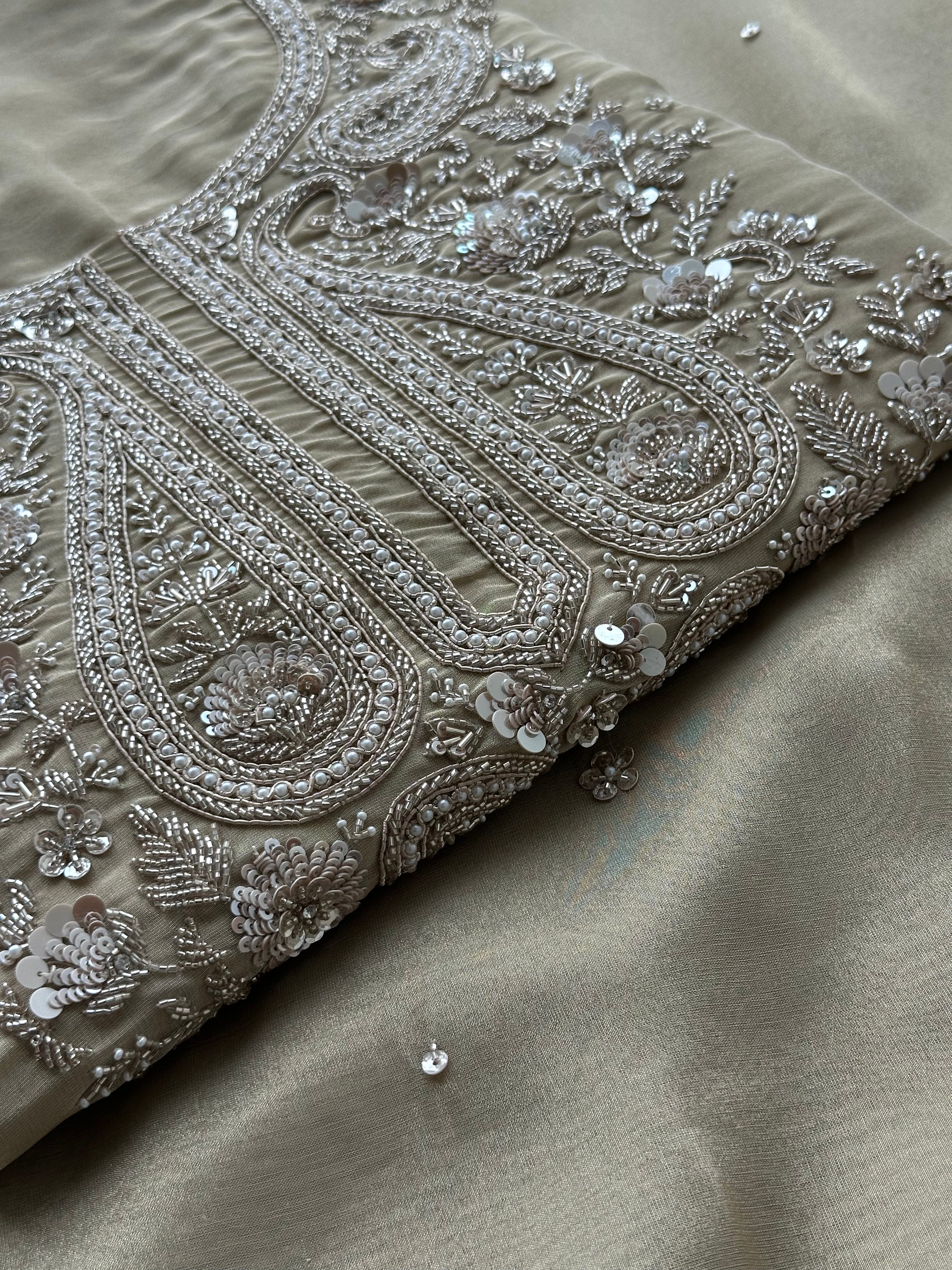 Soft Beige Designer Suit with Elegant Threadwork & Embellished Neckline