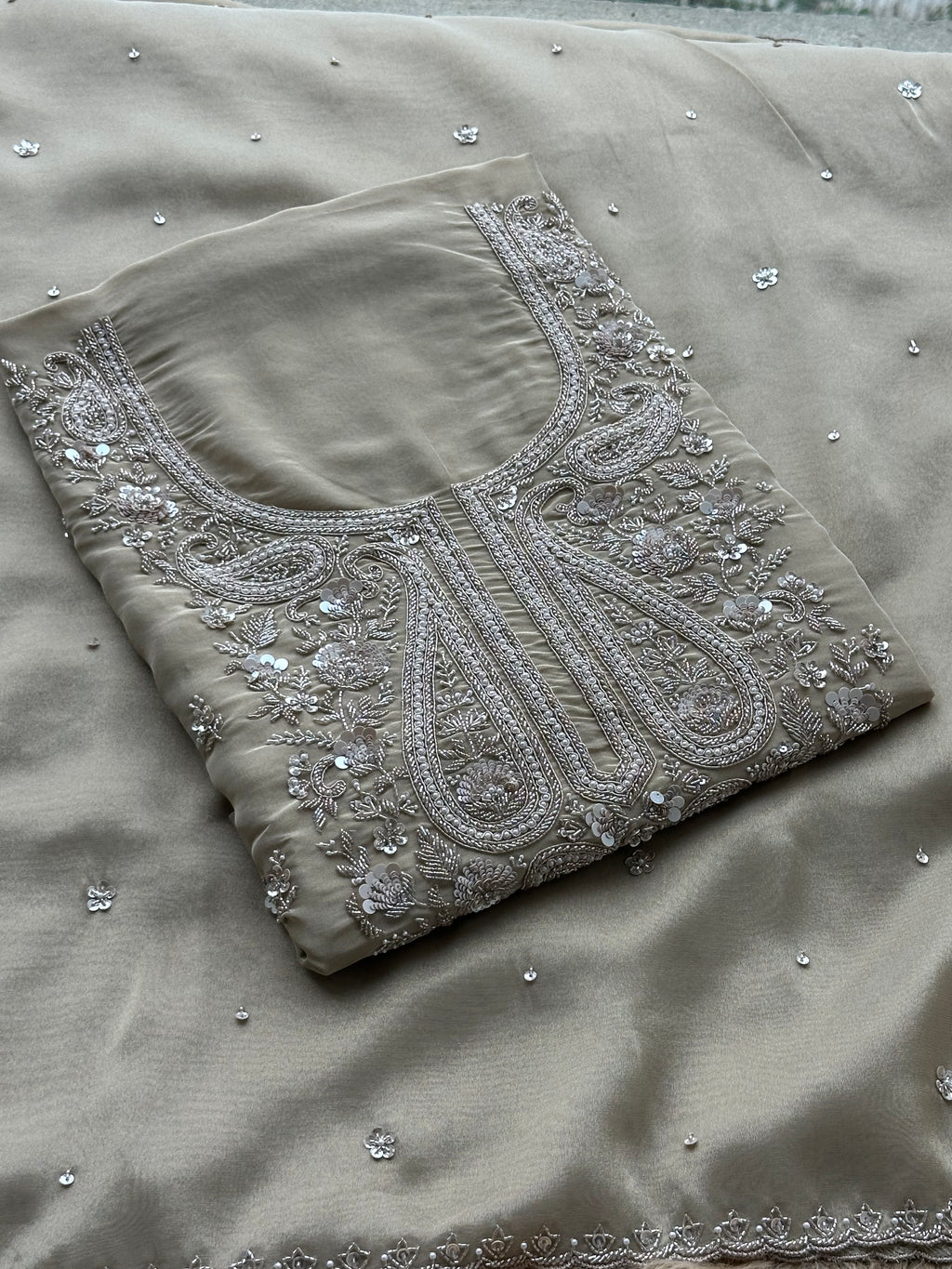 Soft Beige Designer Suit with Elegant Threadwork & Embellished Neckline