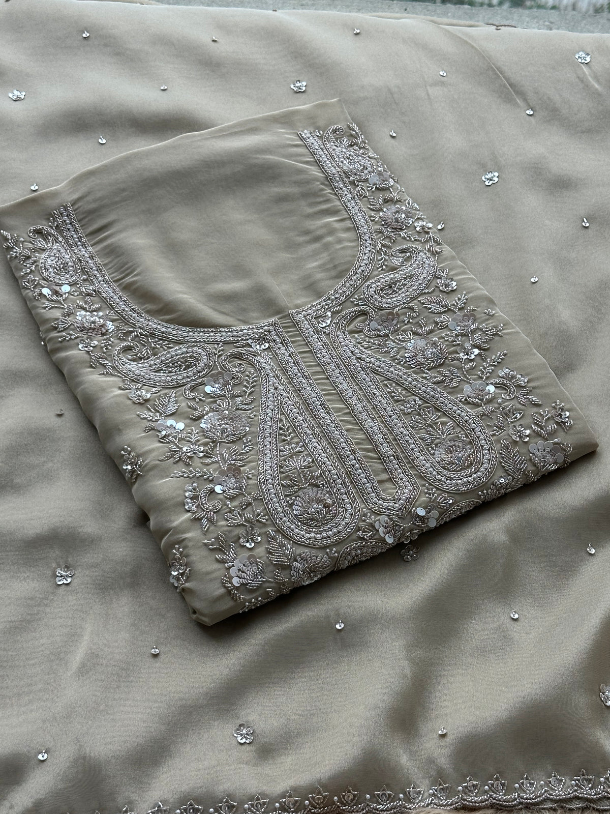 Soft Beige Designer Suit with Elegant Threadwork & Embellished Neckline
