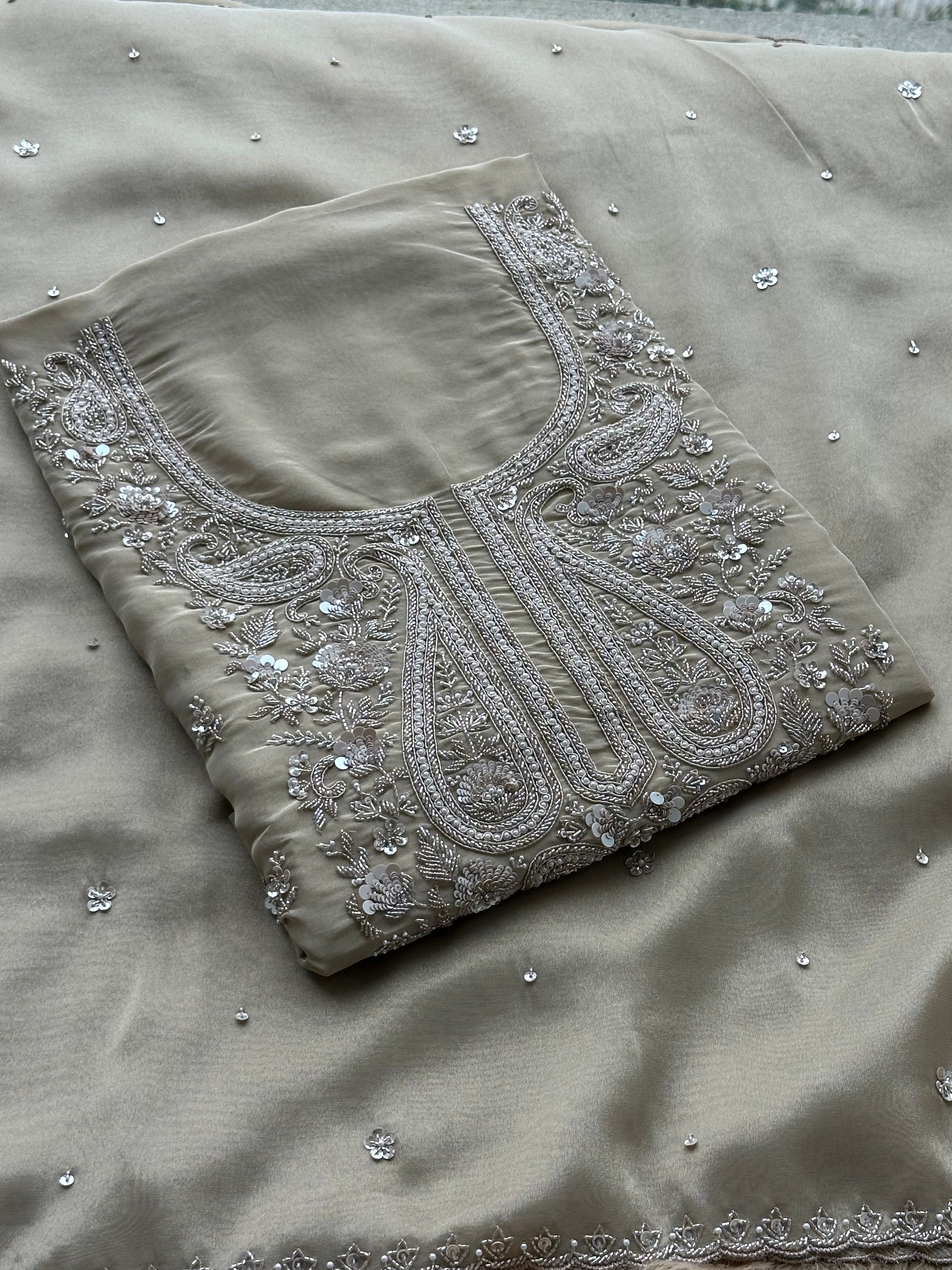 Soft Beige Designer Suit with Elegant Threadwork & Embellished Neckline