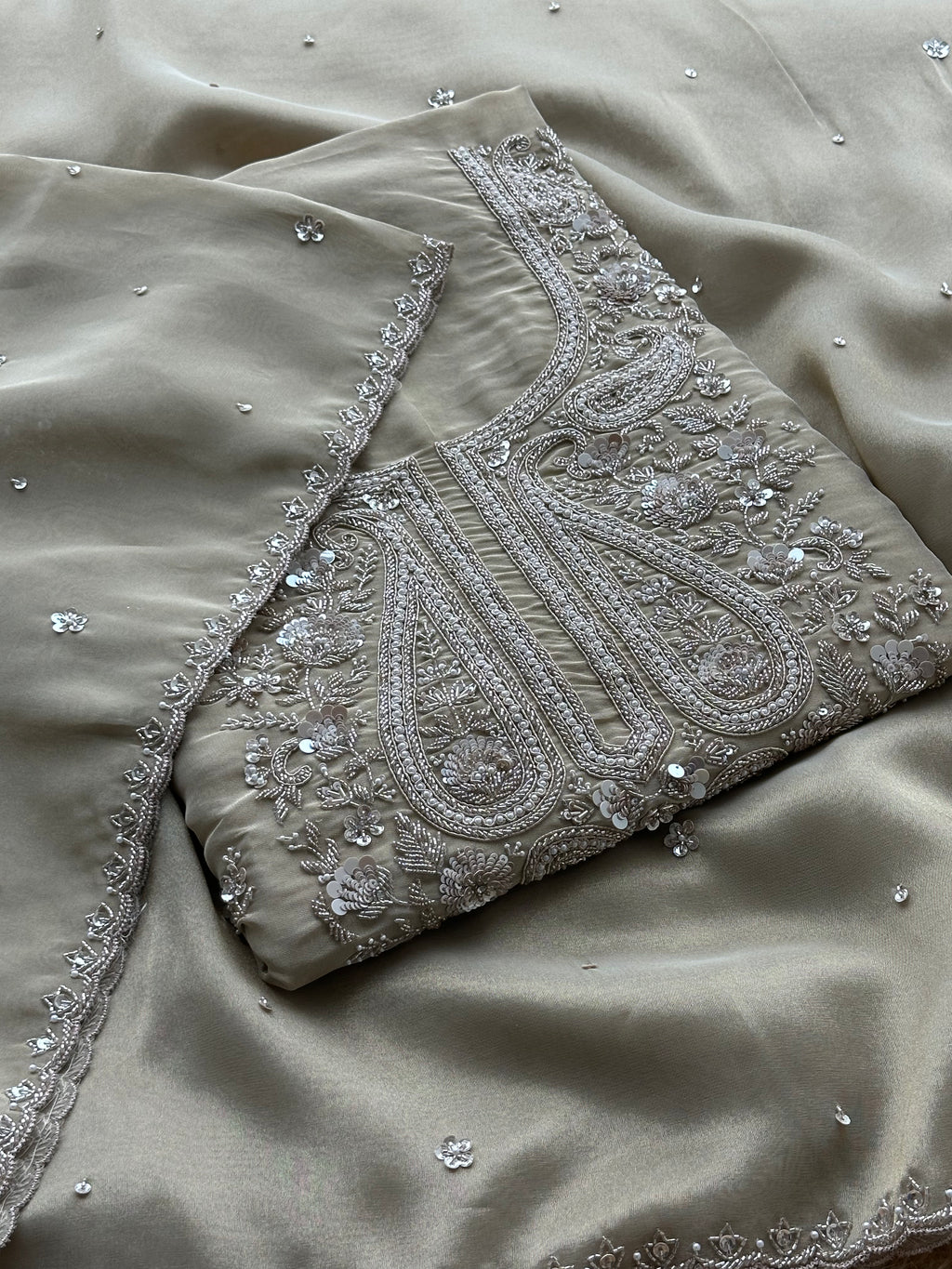 Soft Beige Designer Suit with Elegant Threadwork & Embellished Neckline