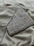 Soft Beige Designer Suit with Elegant Threadwork & Embellished Neckline