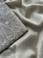 Soft Beige Designer Suit with Elegant Threadwork & Embellished Neckline