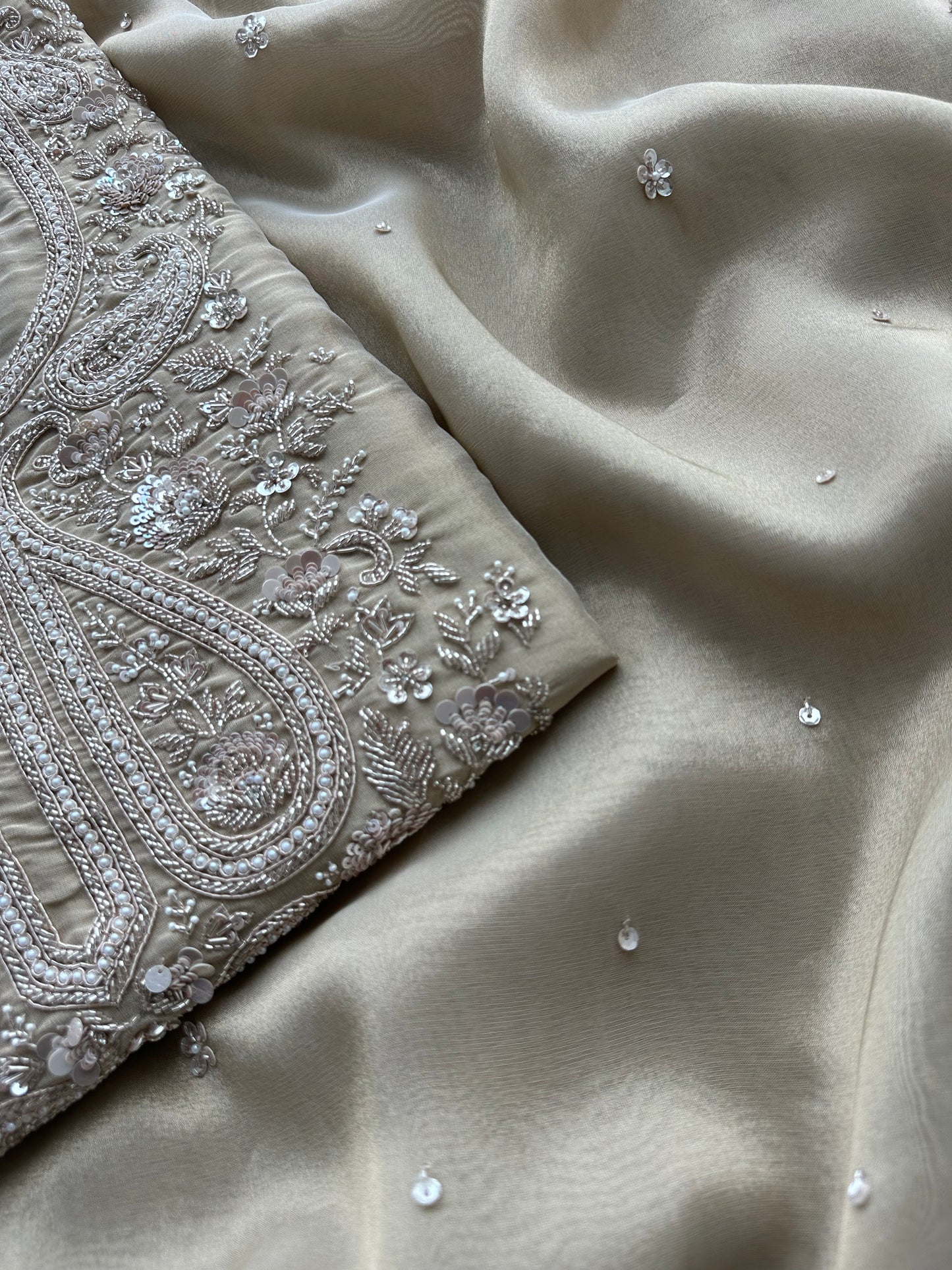 Soft Beige Designer Suit with Elegant Threadwork & Embellished Neckline