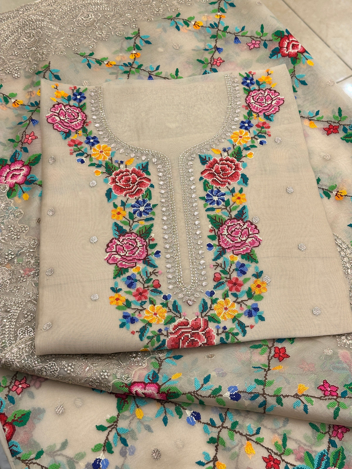 Ivory Pure Organza Cross Stitch Luxury Suit
