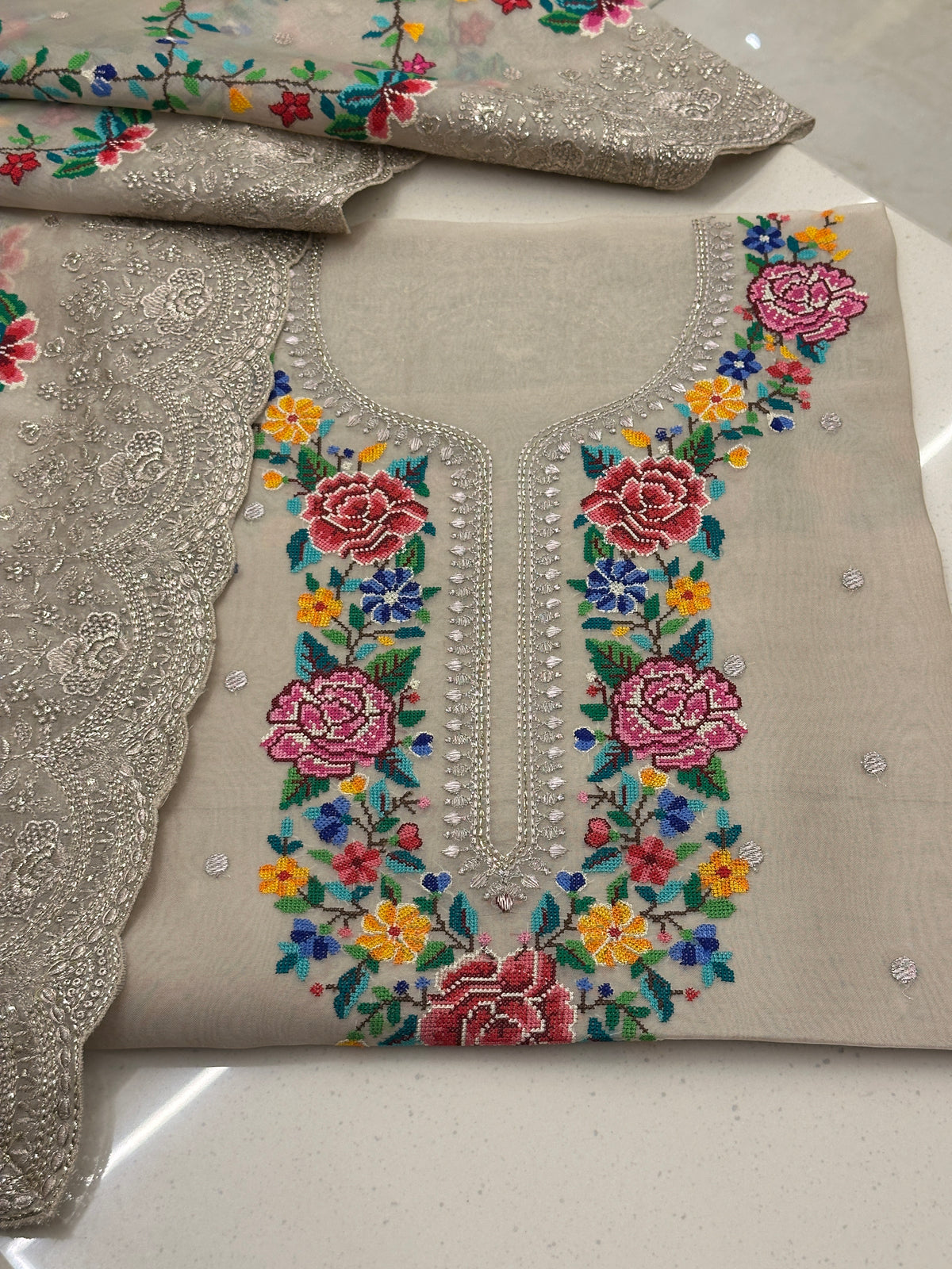 Ivory Pure Organza Cross Stitch Luxury Suit
