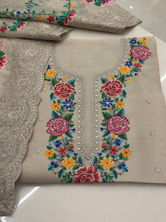 Ivory Pure Organza Cross Stitch Luxury Suit