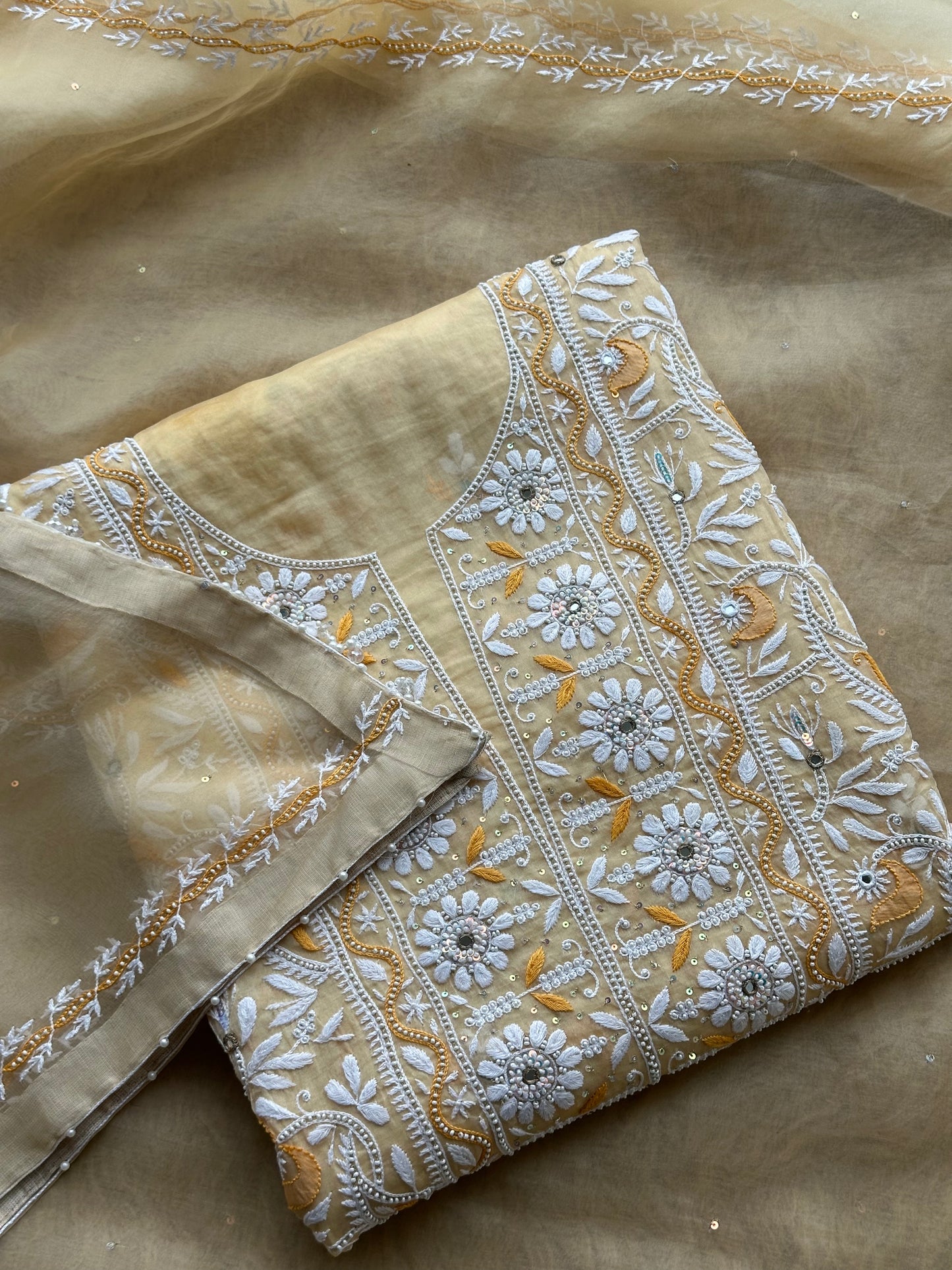 Sunlit Ivory Floral Hand-Embroidered Festive Suit Set