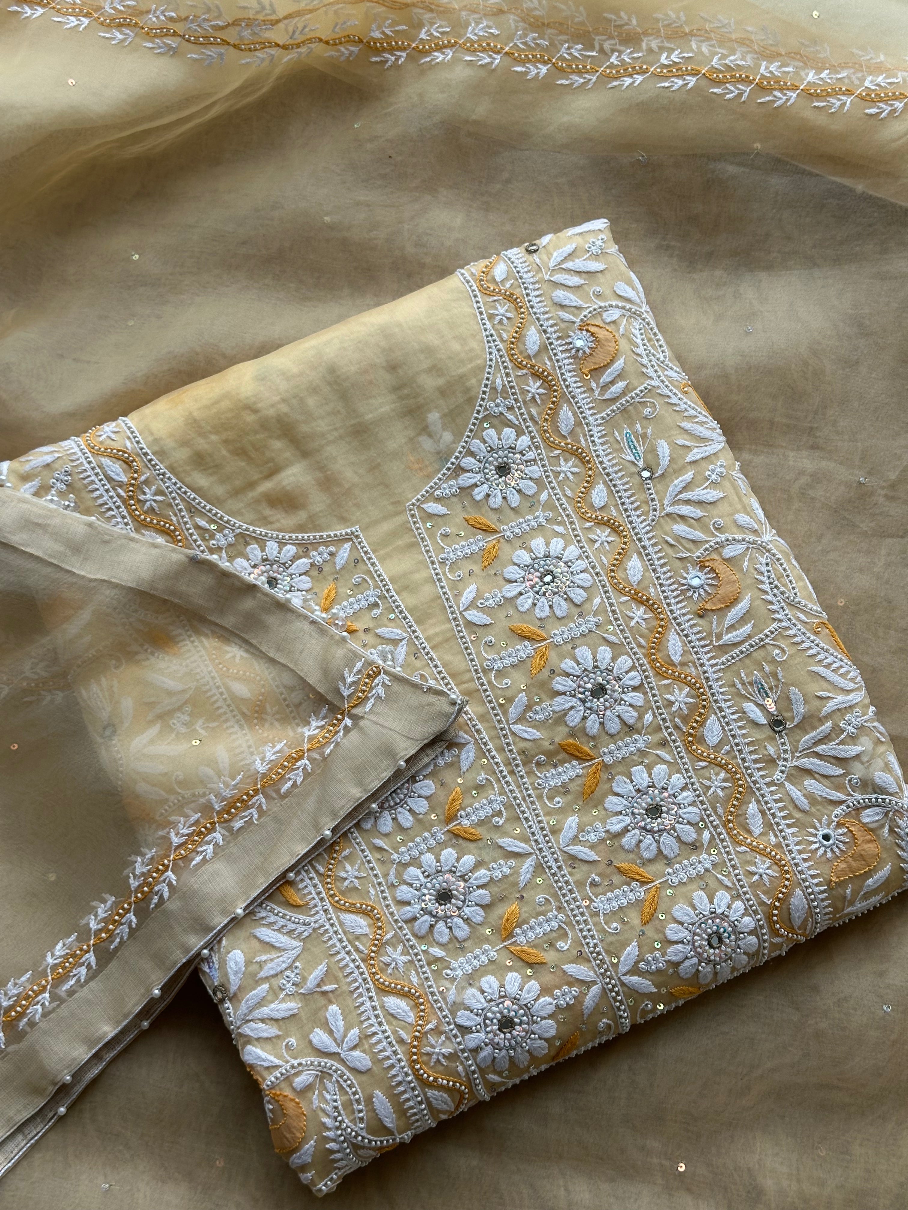 Sunlit Ivory Floral Hand-Embroidered Festive Suit Set