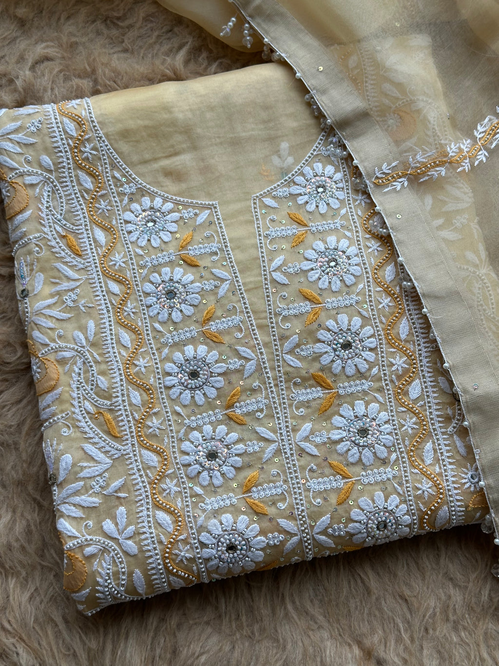 Sunlit Ivory Floral Hand-Embroidered Festive Suit Set