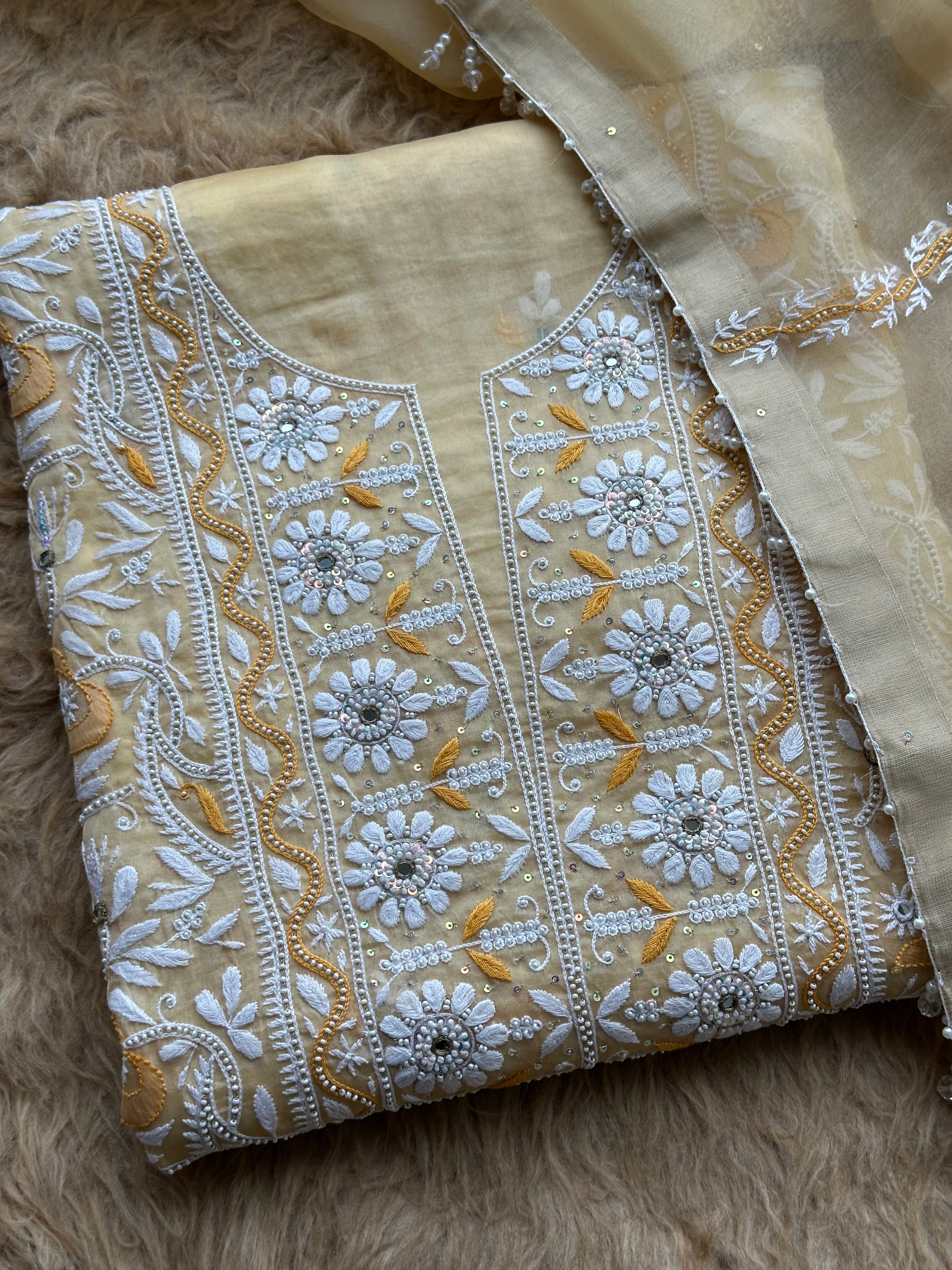 Sunlit Ivory Floral Hand-Embroidered Festive Suit Set