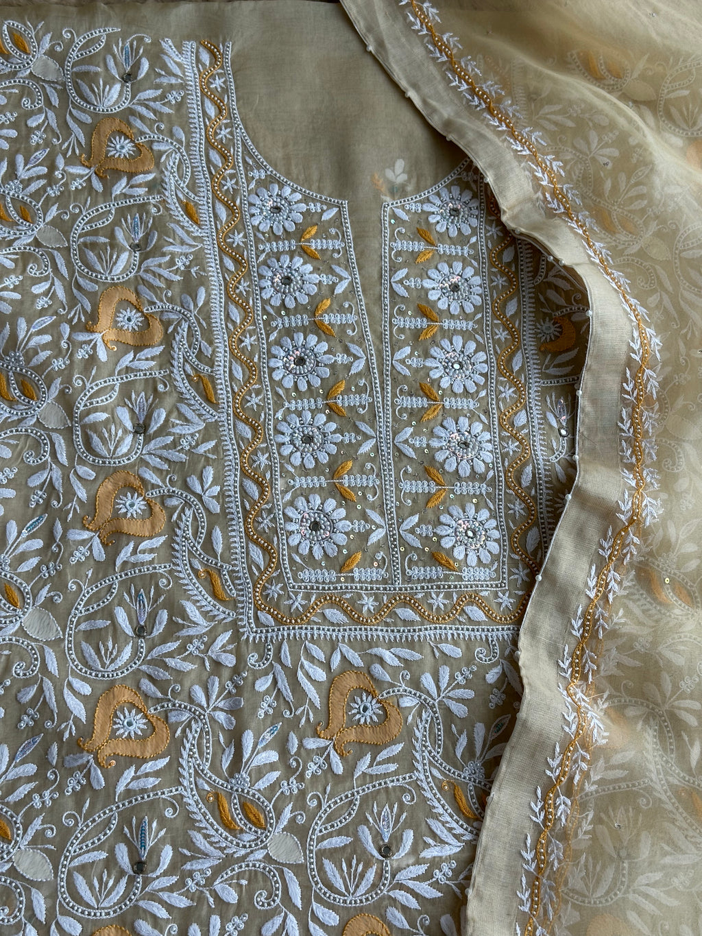 Sunlit Ivory Floral Hand-Embroidered Festive Suit Set