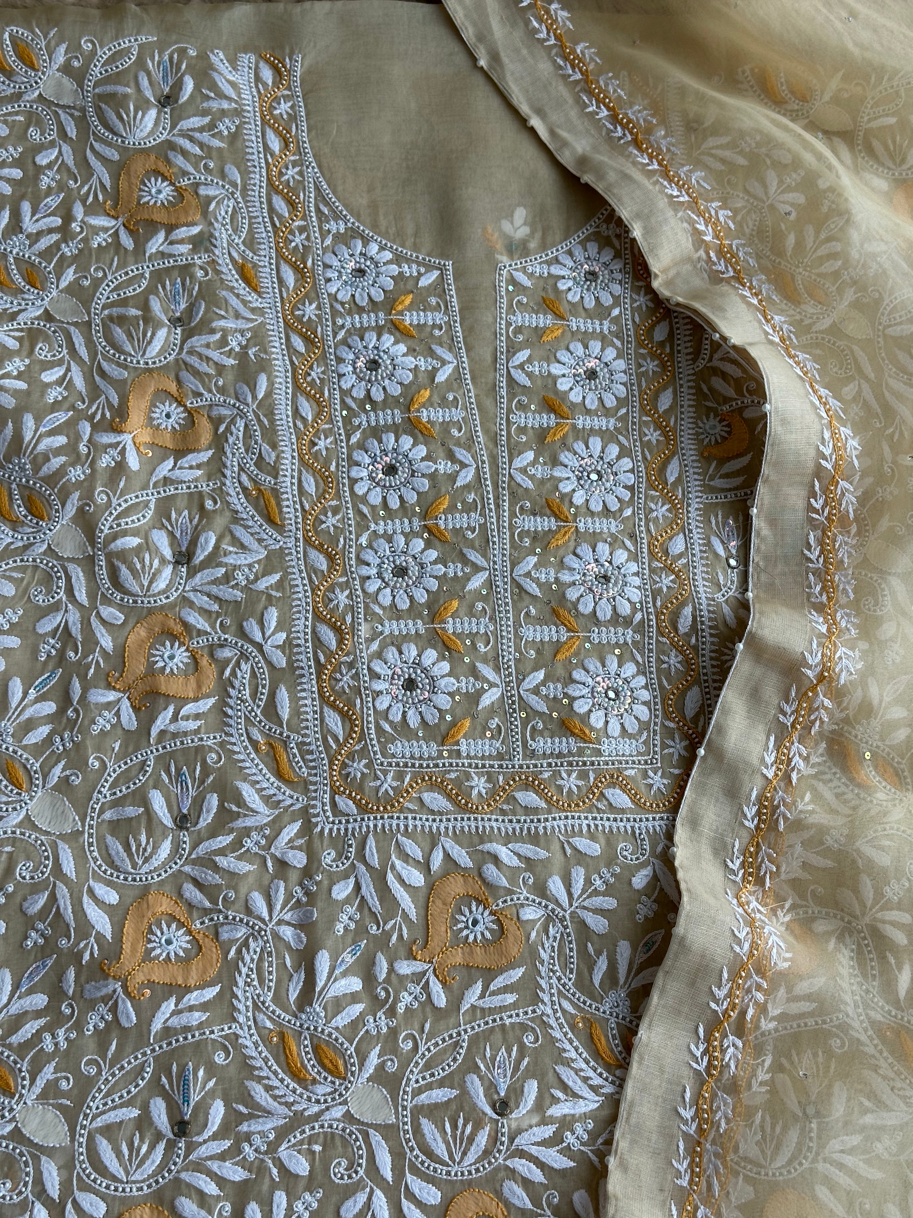 Sunlit Ivory Floral Hand-Embroidered Festive Suit Set