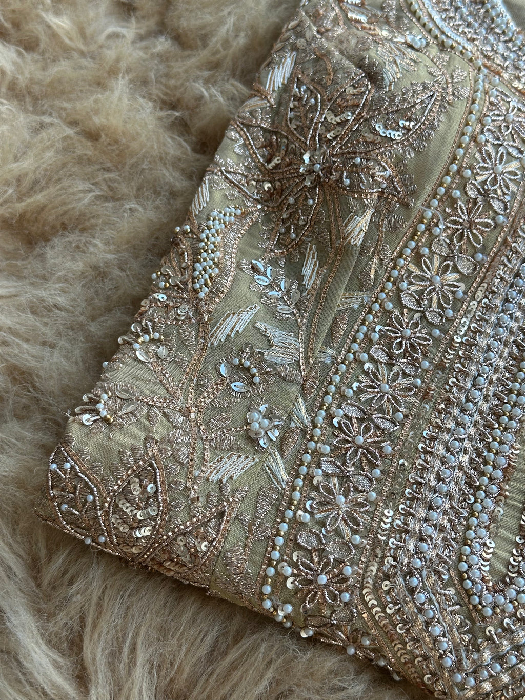Zari & Pearl Hand Embroidered Festive Suit with Intricate Neckline Detailing