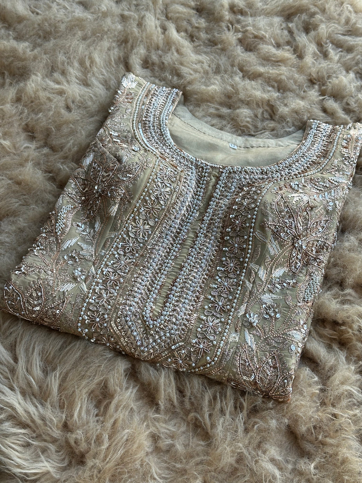 Zari & Pearl Hand Embroidered Festive Suit with Intricate Neckline Detailing