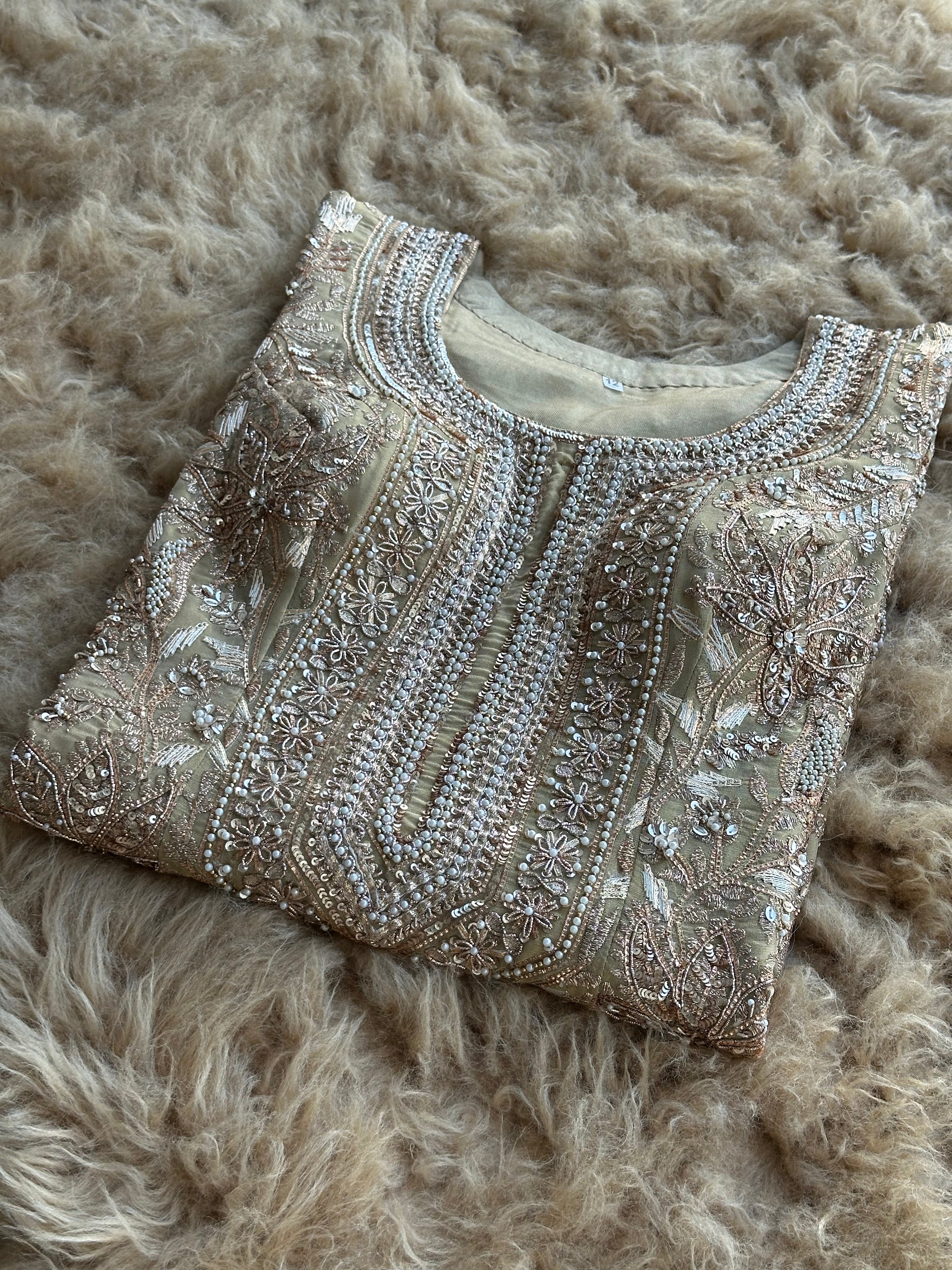 Zari & Pearl Hand Embroidered Festive Suit with Intricate Neckline Detailing