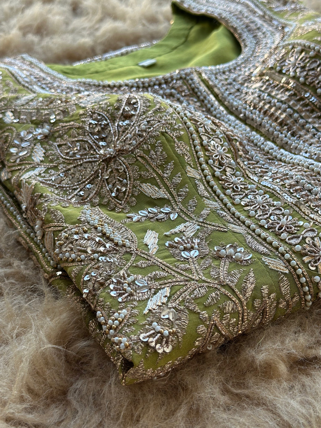 Zari & Pearl Hand Embroidered Festive Suit with Intricate Neckline Detailing