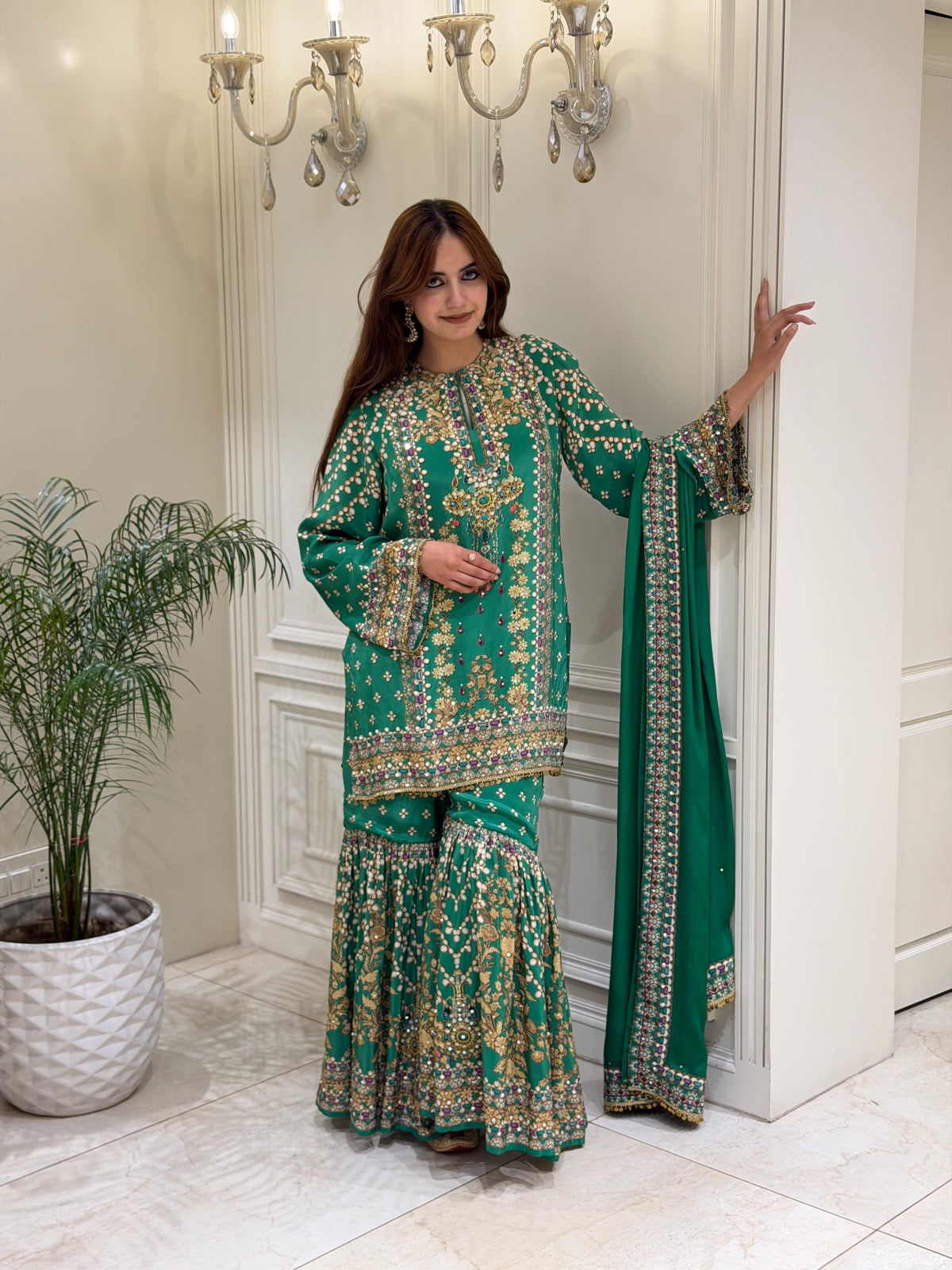 Emerald Pearl Crepe Gharara Set