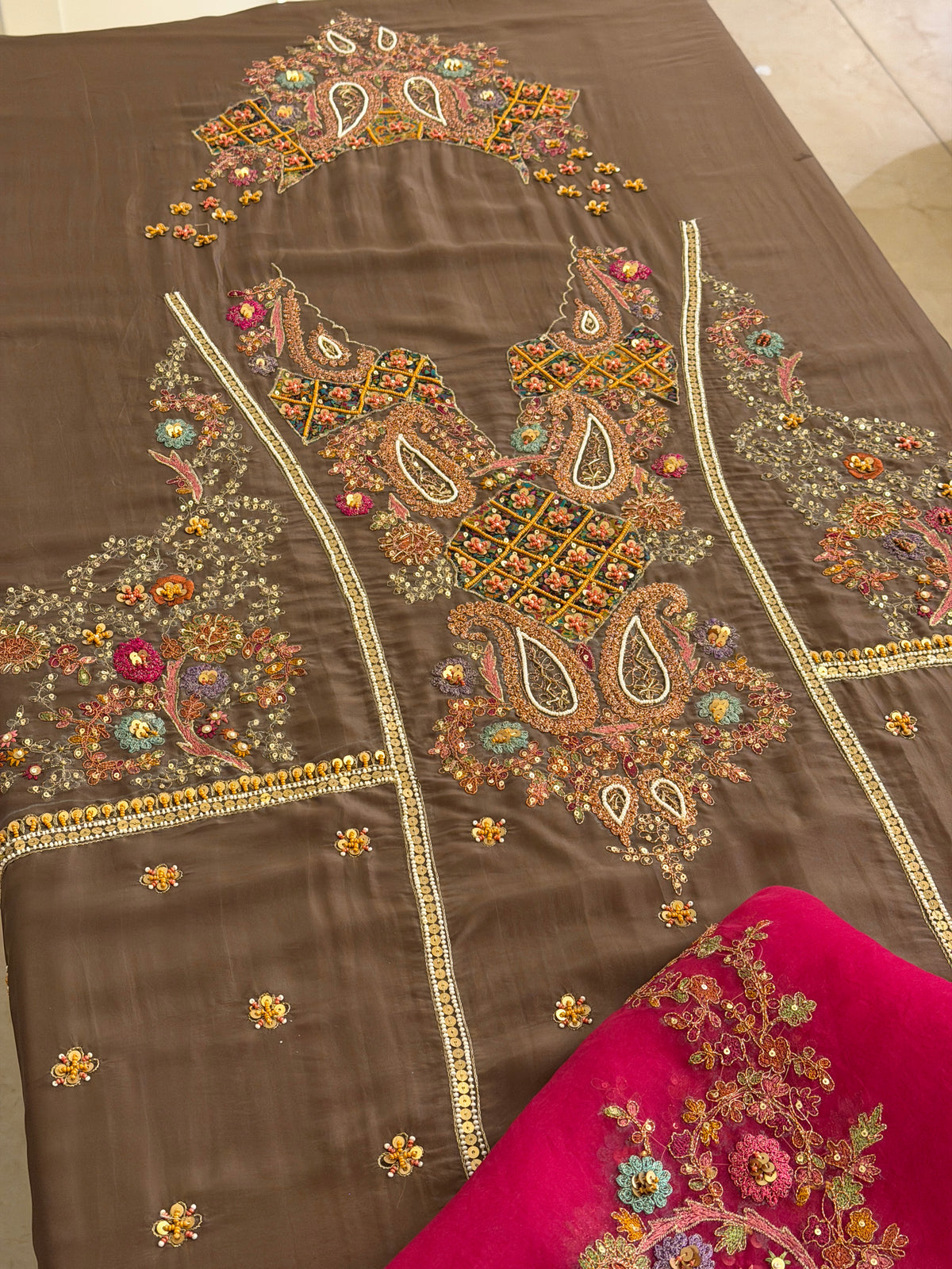 Hand-Embellished Pure Crepe Suit Set with Organza Dupatta