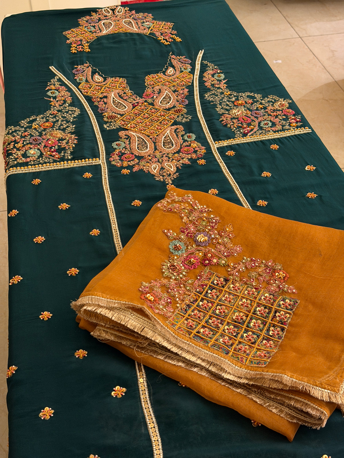 Hand-Embellished Pure Crepe Suit Set with Organza Dupatta