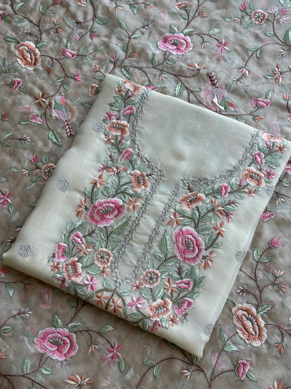 Pastel Floral Thread Embroidered Organza Suit