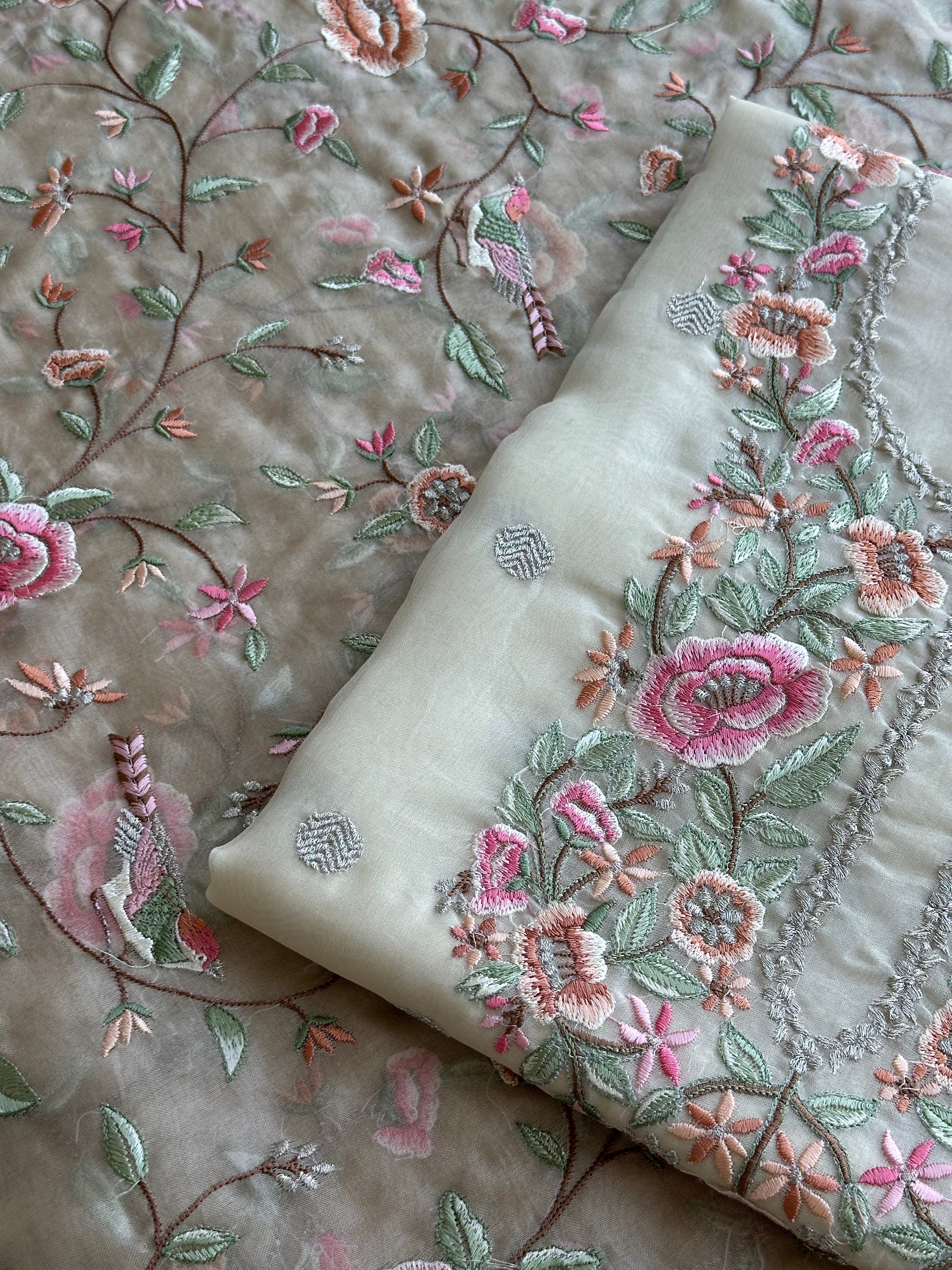 Pastel Floral Thread Embroidered Organza Suit