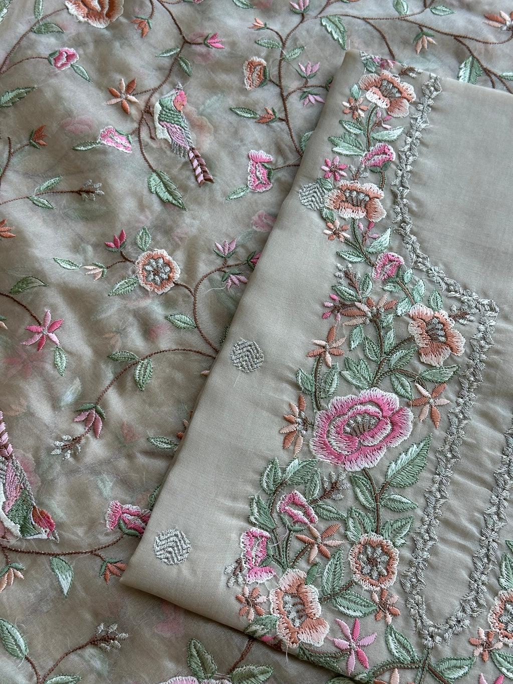 Pastel Floral Thread Embroidered Organza Suit
