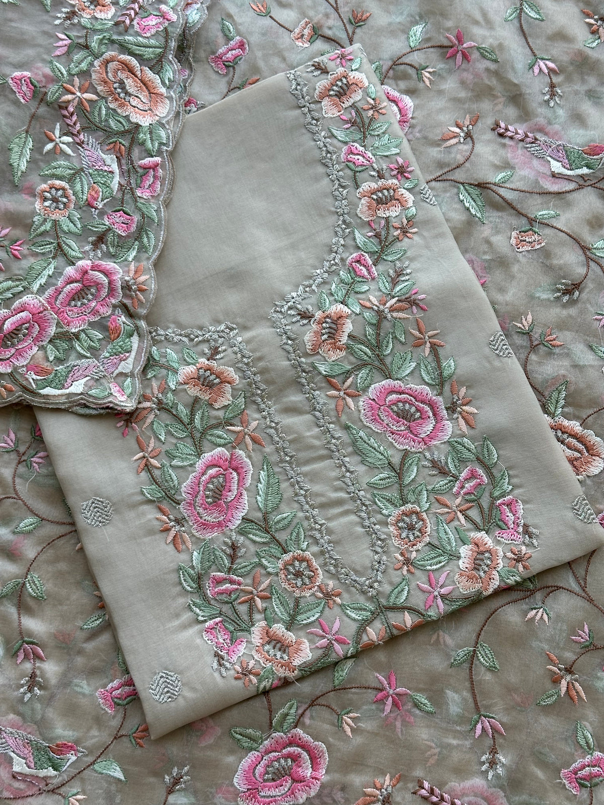 Pastel Floral Thread Embroidered Organza Suit