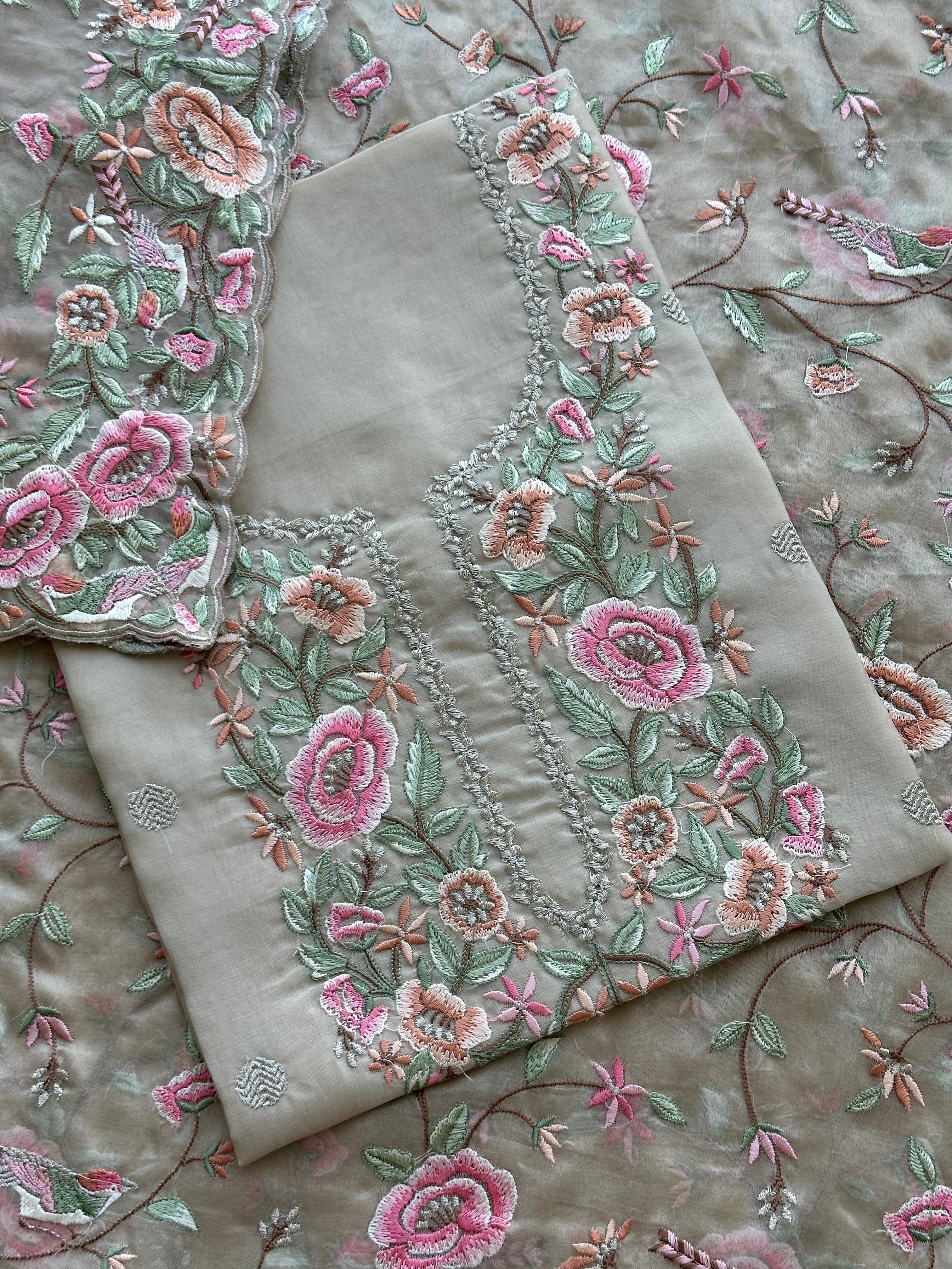Pastel Floral Thread Embroidered Organza Suit