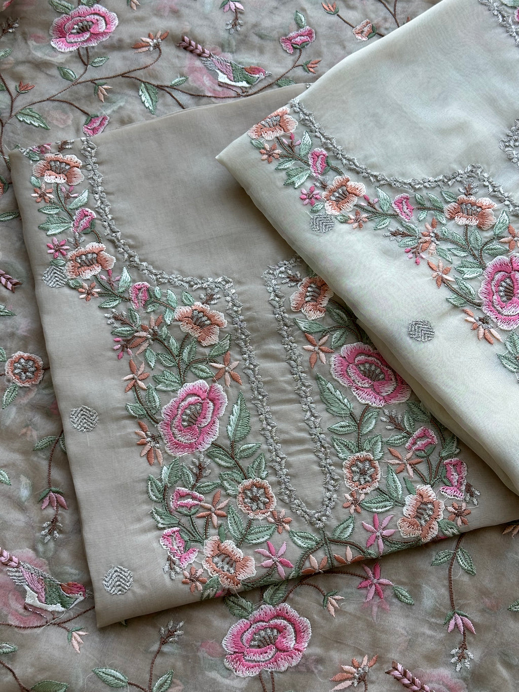 Pastel Floral Thread Embroidered Organza Suit