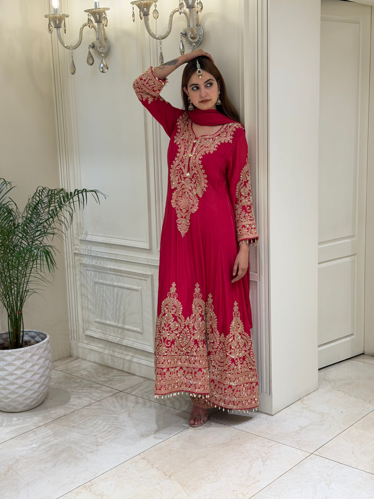 Rani Pink Chinoon Suit Set with Handcrafted Katdana Work