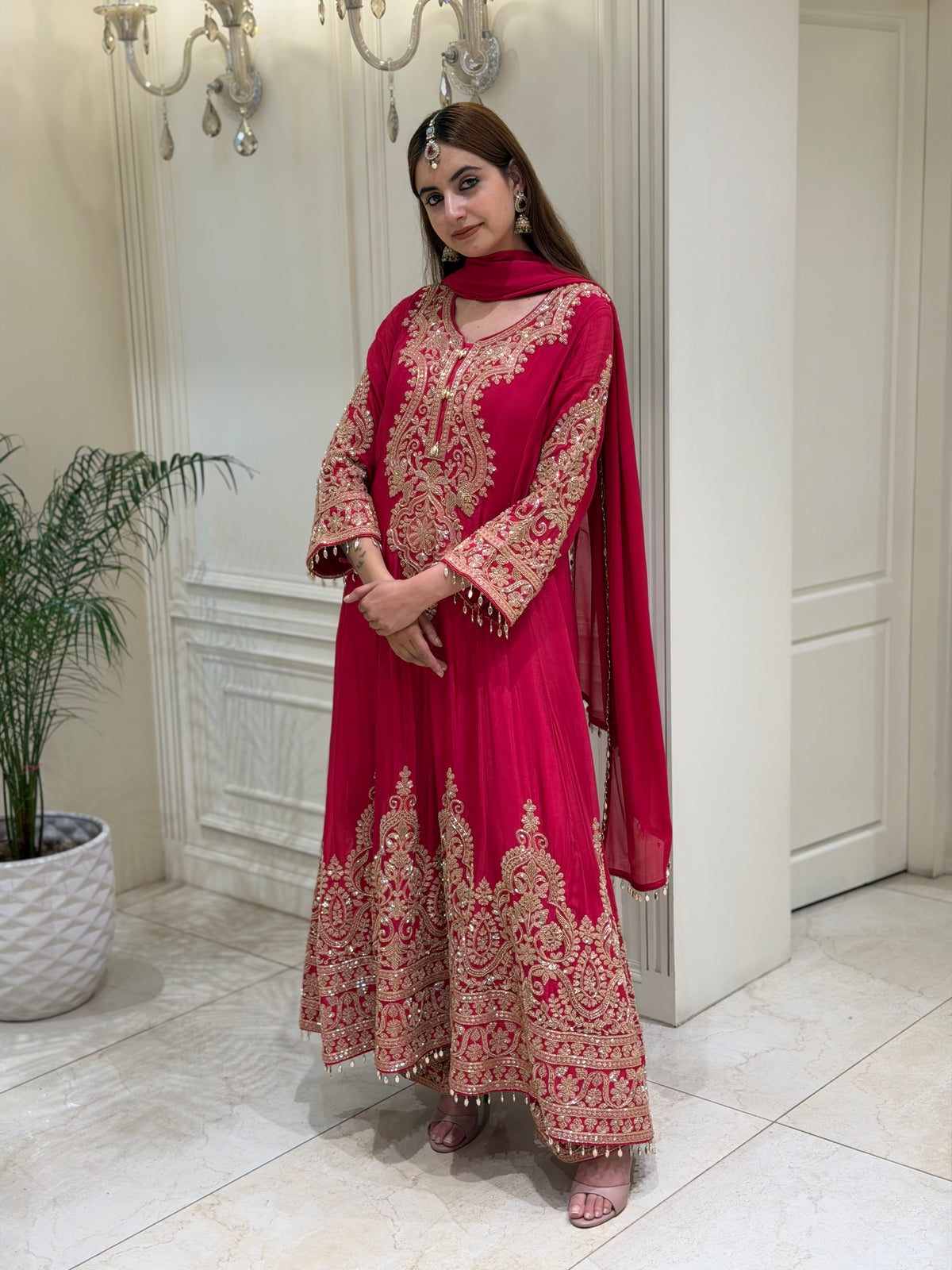 Rani Pink Chinoon Suit Set with Handcrafted Katdana Work