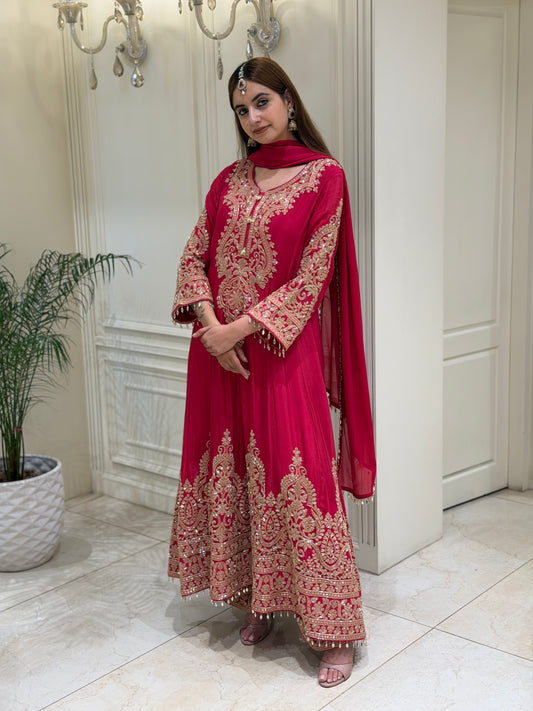 Rani Pink Chinoon Suit Set with Handcrafted Katdana Work