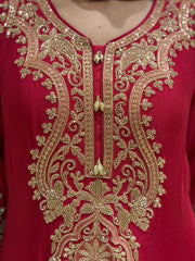 Rani Pink Chinoon Suit Set with Handcrafted Katdana Work
