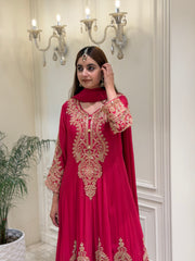 Rani Pink Chinoon Suit Set with Handcrafted Katdana Work