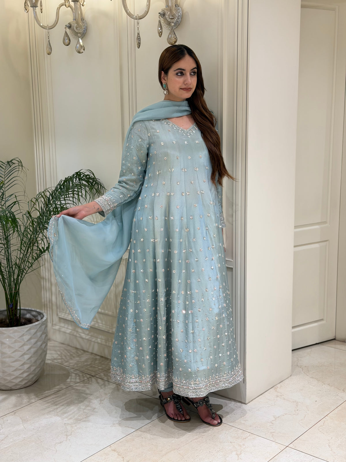 Hand-Embellished Tissue Anarkali Set