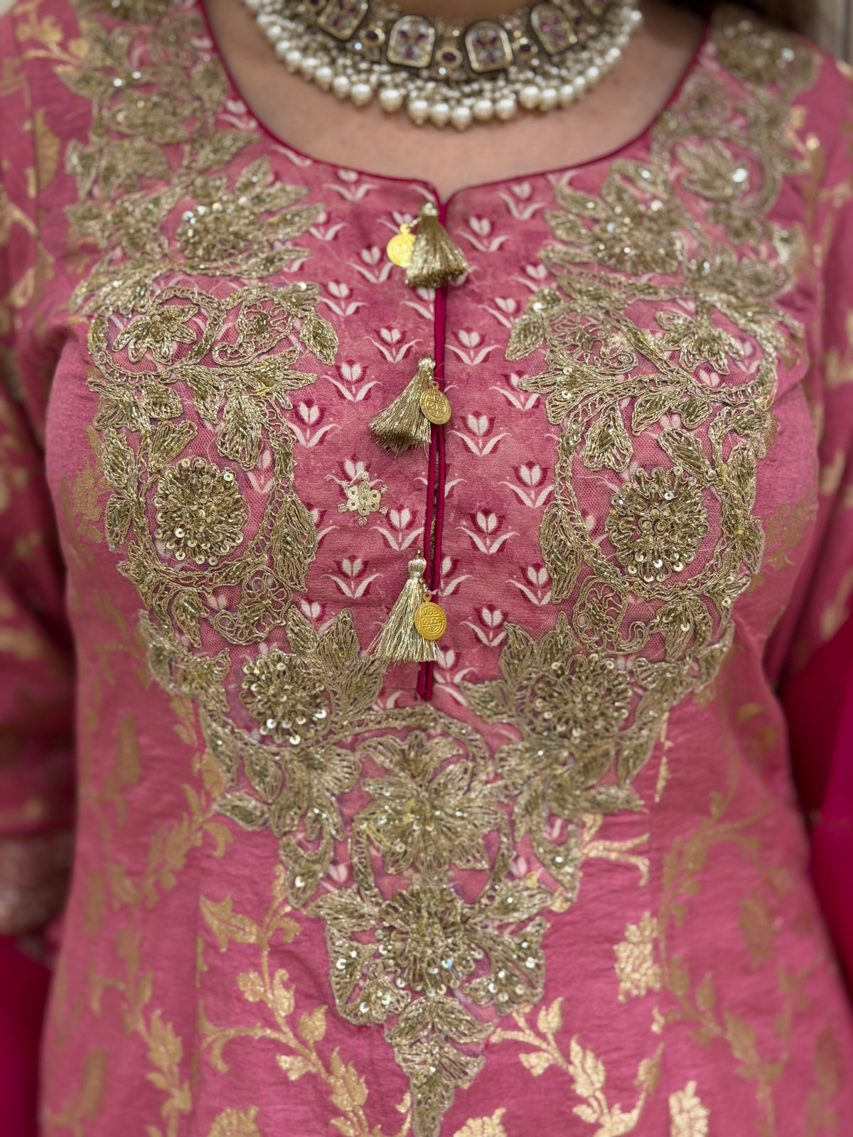 Hand-Embellished Silk Kurta with Chinon Gharara Set