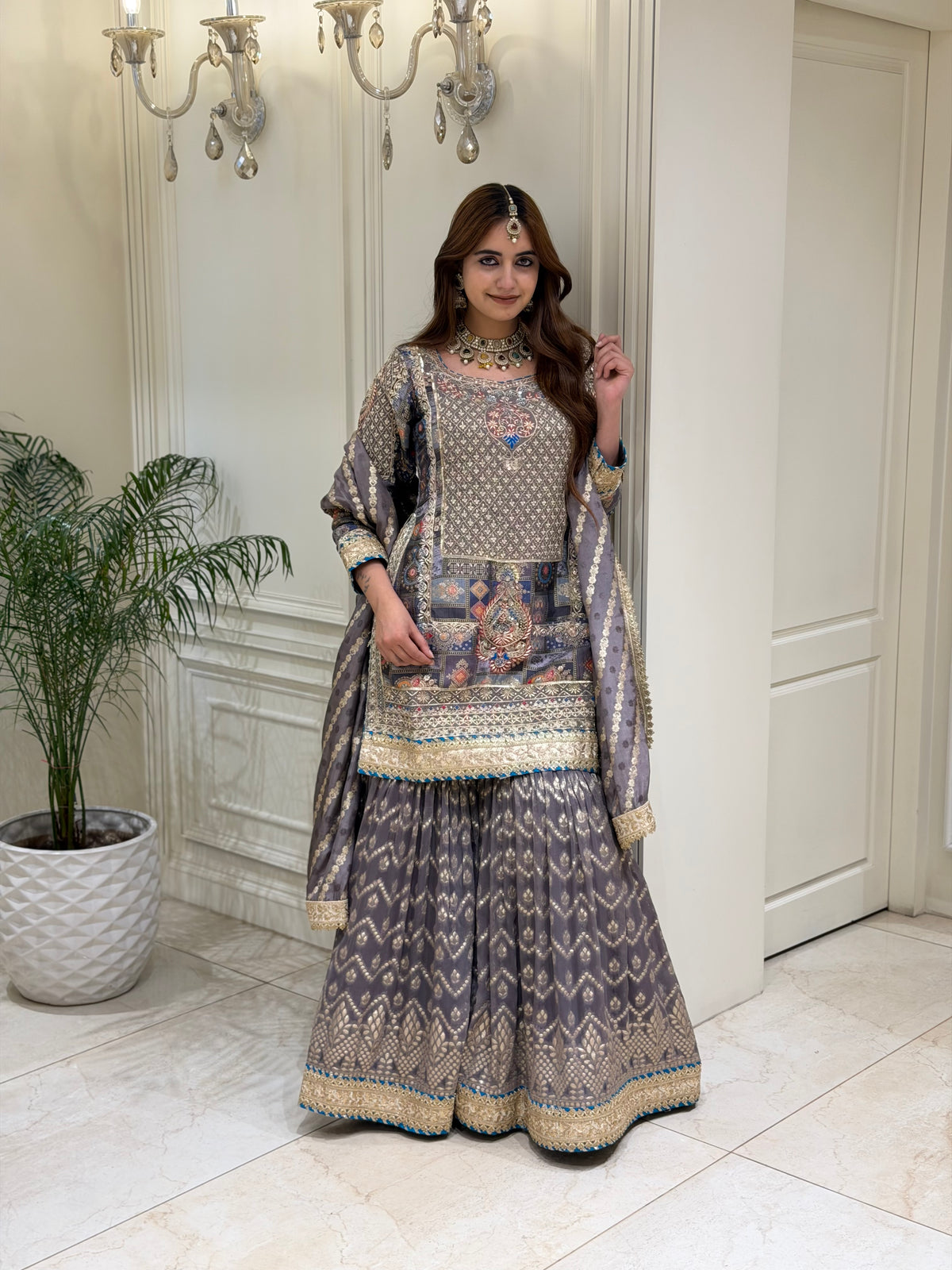 Ash Grey Silk Gharara Set