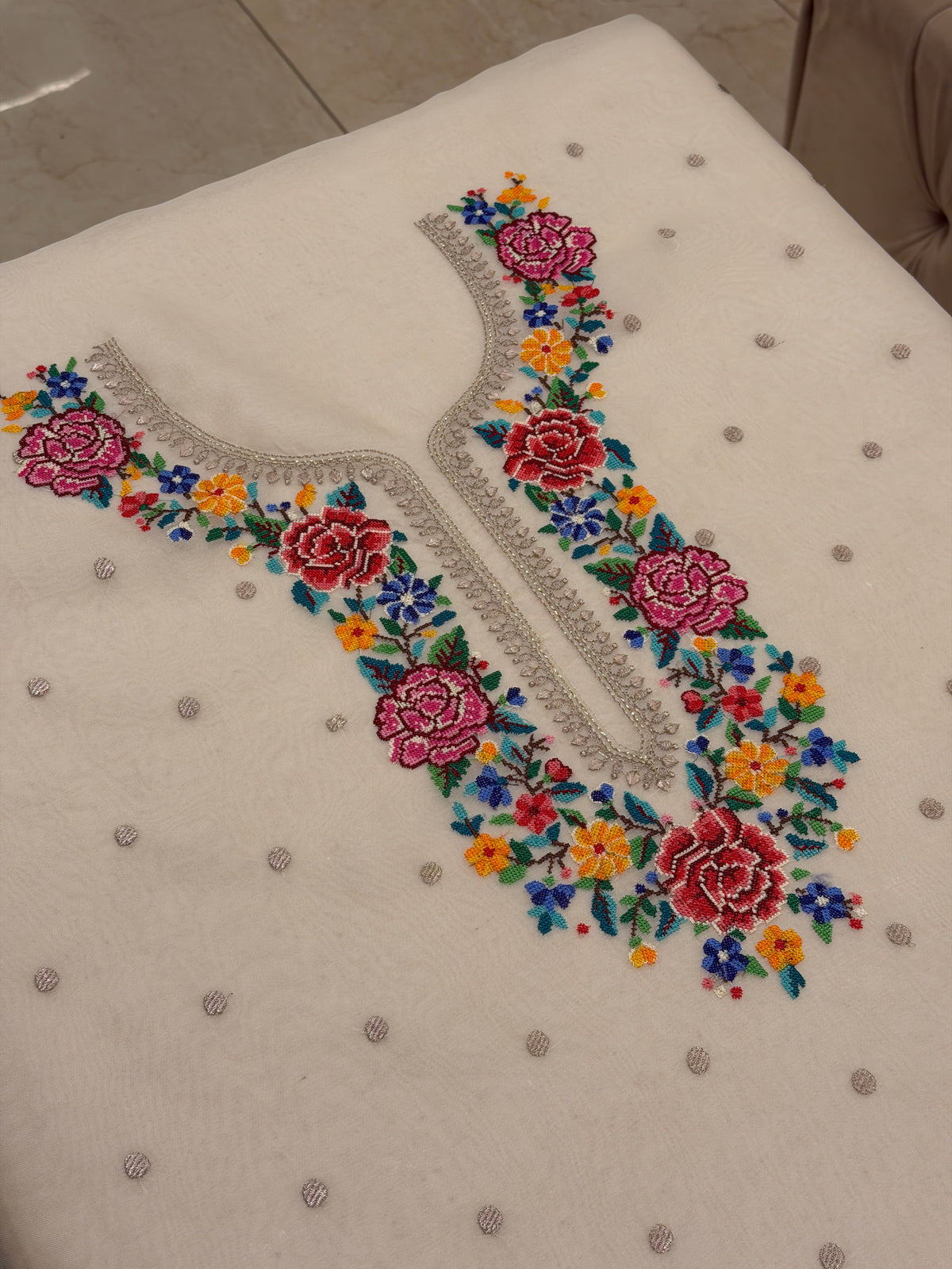 Ivory Pure Organza Cross Stitch Luxury Suit