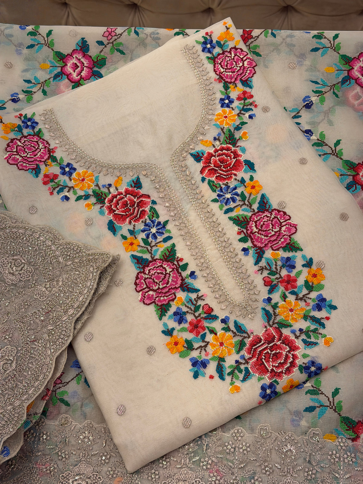 Ivory Pure Organza Cross Stitch Luxury Suit