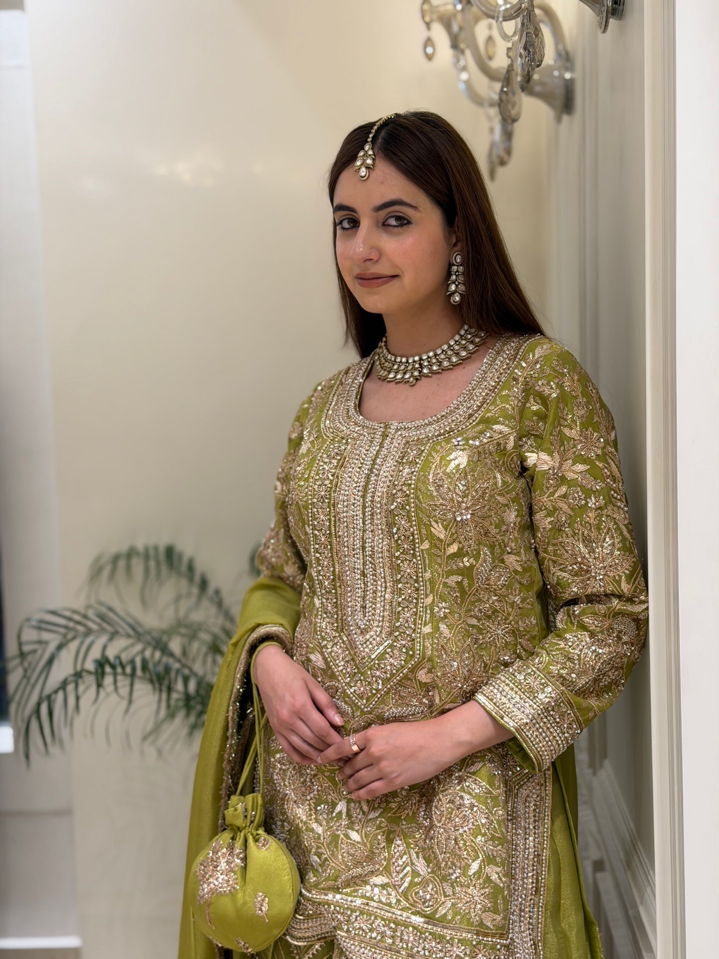 Zari & Pearl Hand Embroidered Festive Suit with Intricate Neckline Detailing