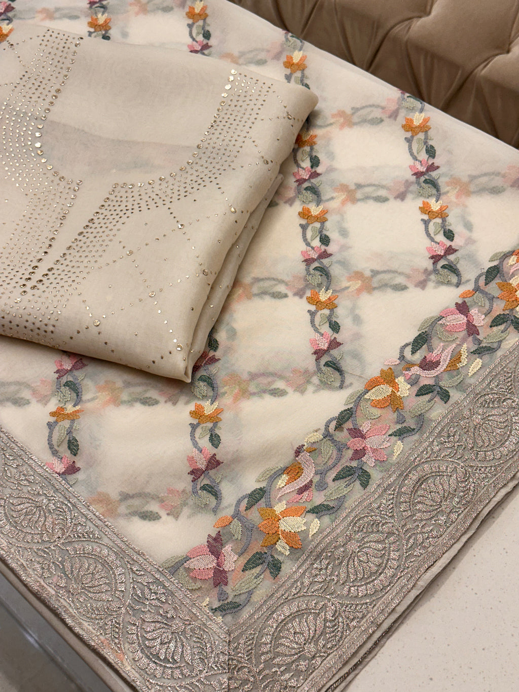 Ivory Bloom Luxury Organza Mukaish Suit Set