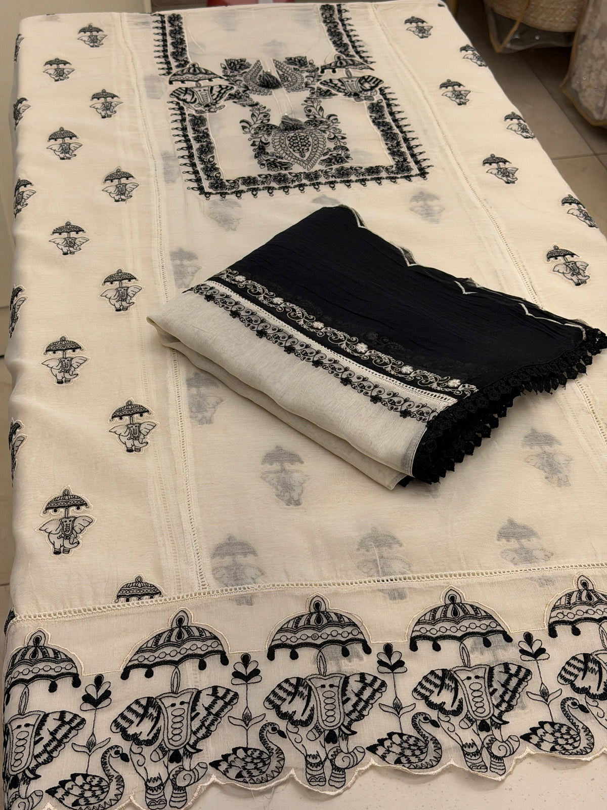 Ivory Black Nalki Pure Mull Luxury Suit Set