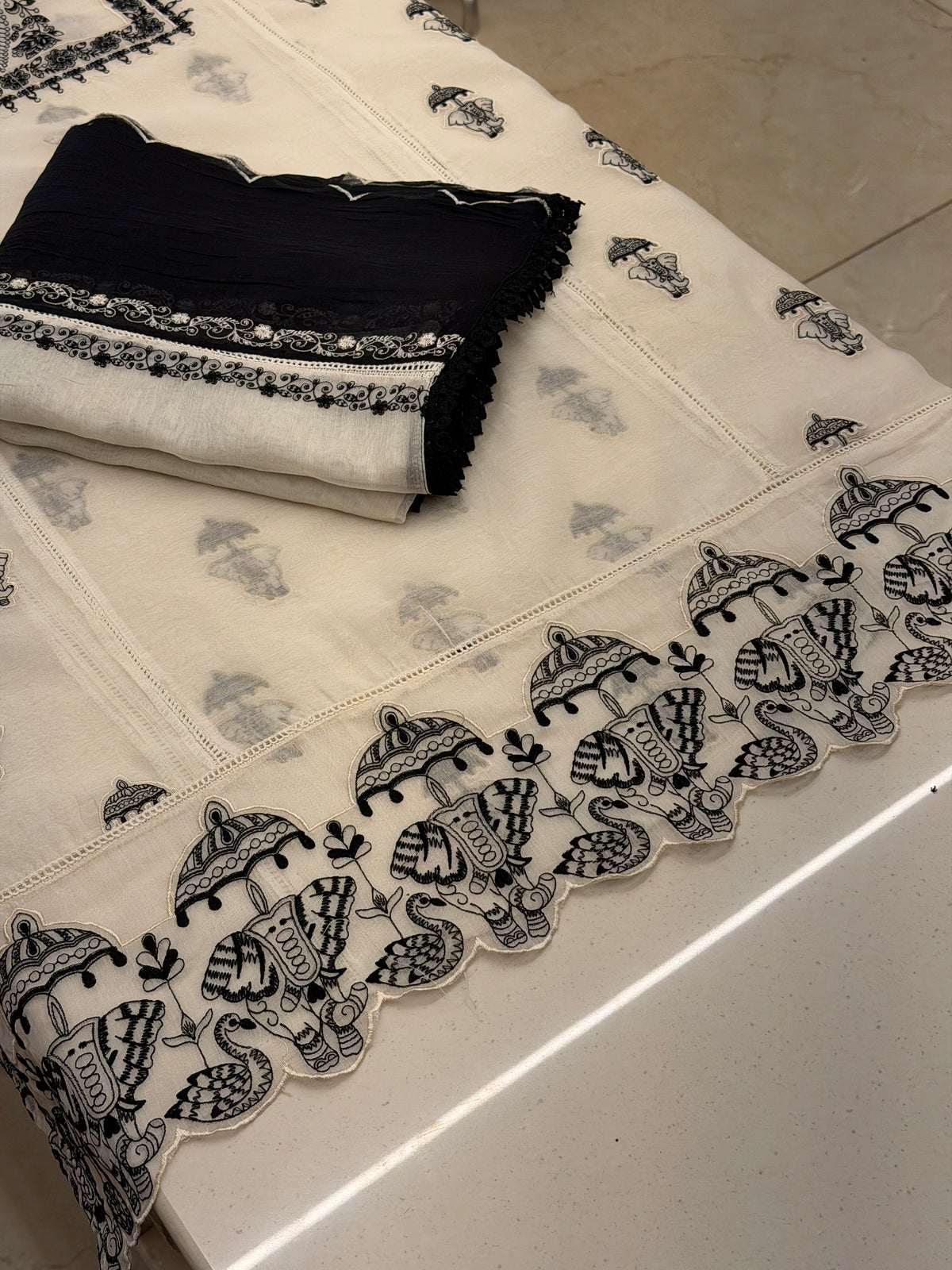 Ivory Black Nalki Pure Mull Luxury Suit Set