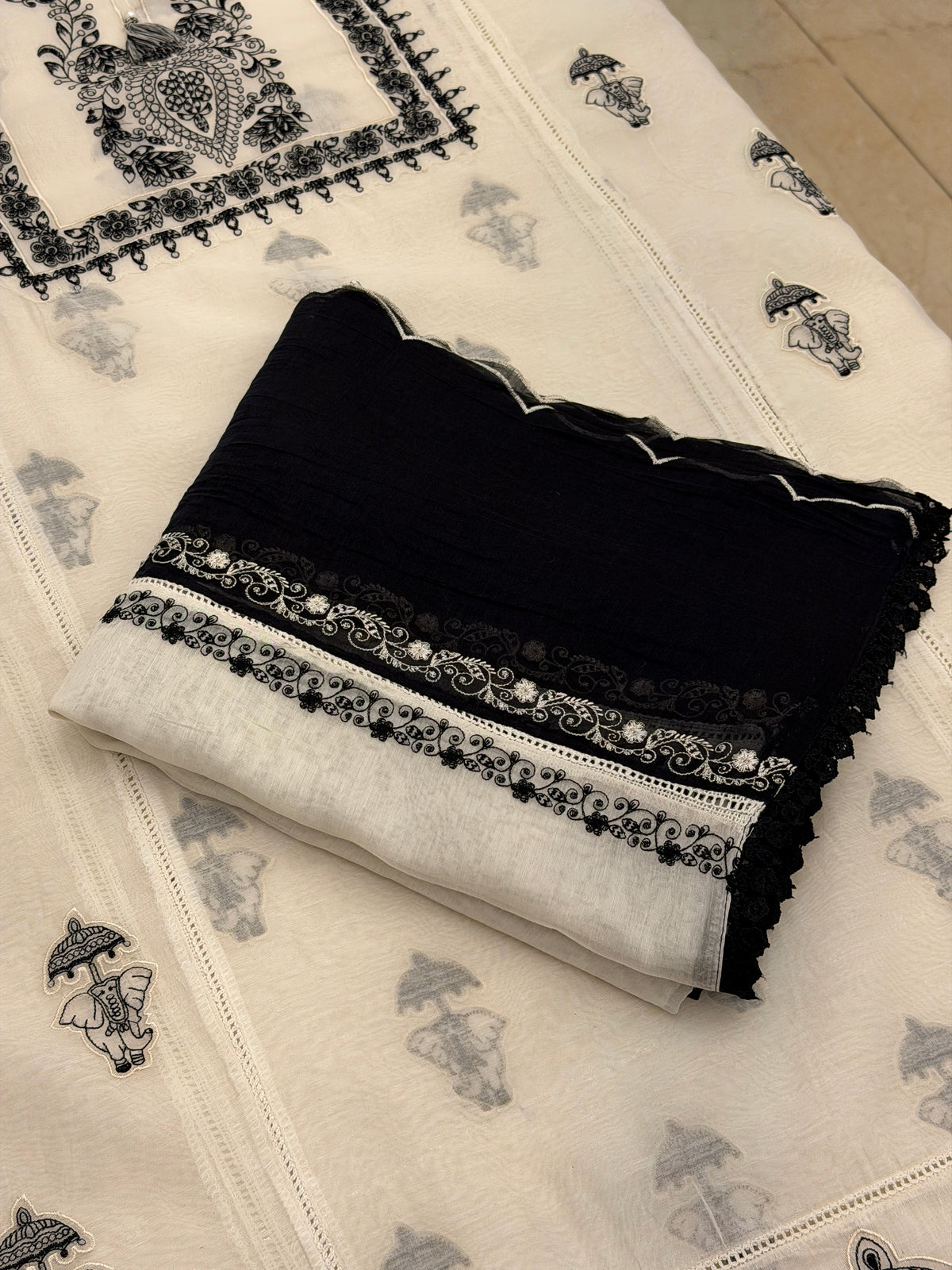 Ivory Black Nalki Pure Mull Luxury Suit Set