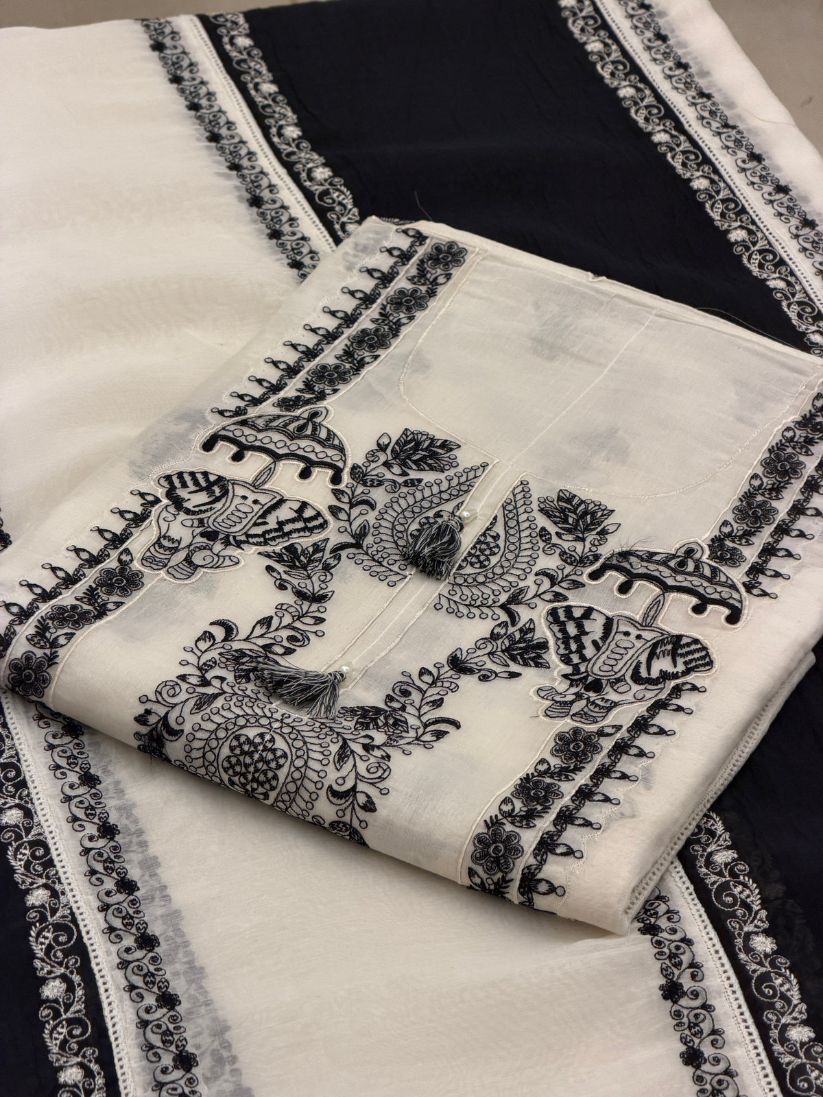 Ivory Black Nalki Pure Mull Luxury Suit Set