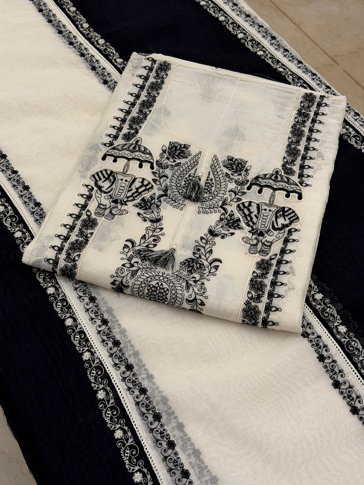 Ivory Black Nalki Pure Mull Luxury Suit Set
