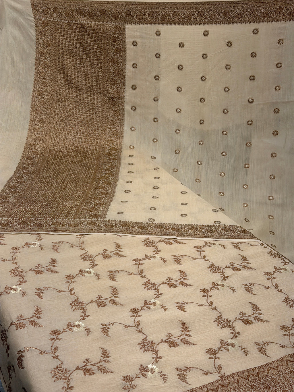 Classic Ivory Pure Monga Silk Suit With Antique Sari Work